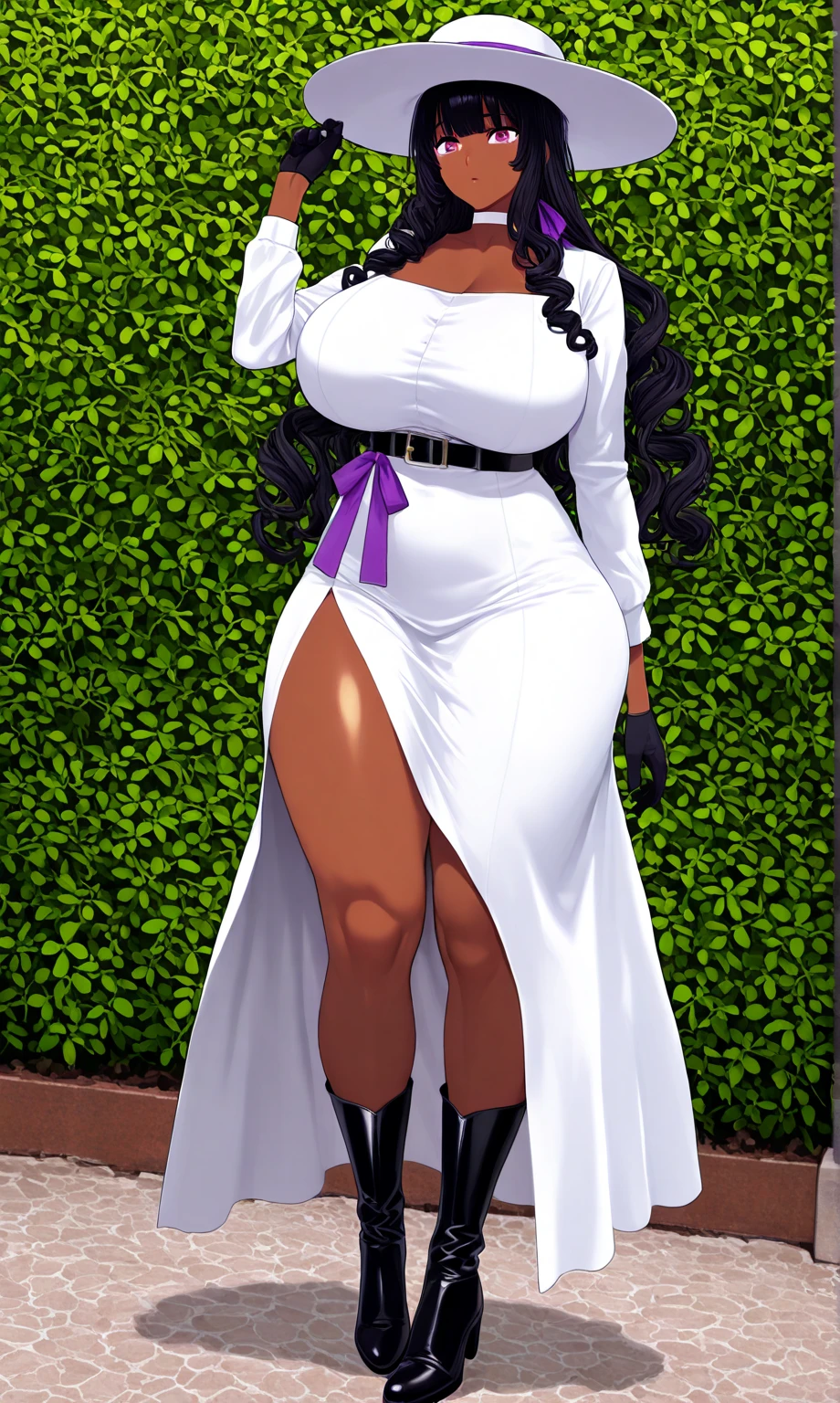 digital art, highly detailed, reference sheet, standing pose, legs uncrossed, feminine features, dark skin, overweight, curvy, corpulent, portly, mature woman, adult female, whole body, bald, form-fitting, abaya dress, scarf, long sleeves, long skirt, shoes, 1woman, solo, upper body, lower body, ((Extremely Detailed)), ((Best Quality)), ((Masterpiece)), ((4k)).