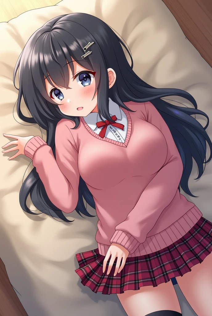 alone, One girl, Crown braids in the same color as your hair, hair ornaments, Hair Ribbon, Pink tie, Black long sleeve, Pink Skirt, Knee socks, Cleavage, bed、Black Hair、(Sleeping happily with both eyes closed:1.5)、(blush:1.2)、(Pink Panties)、Bend your knees