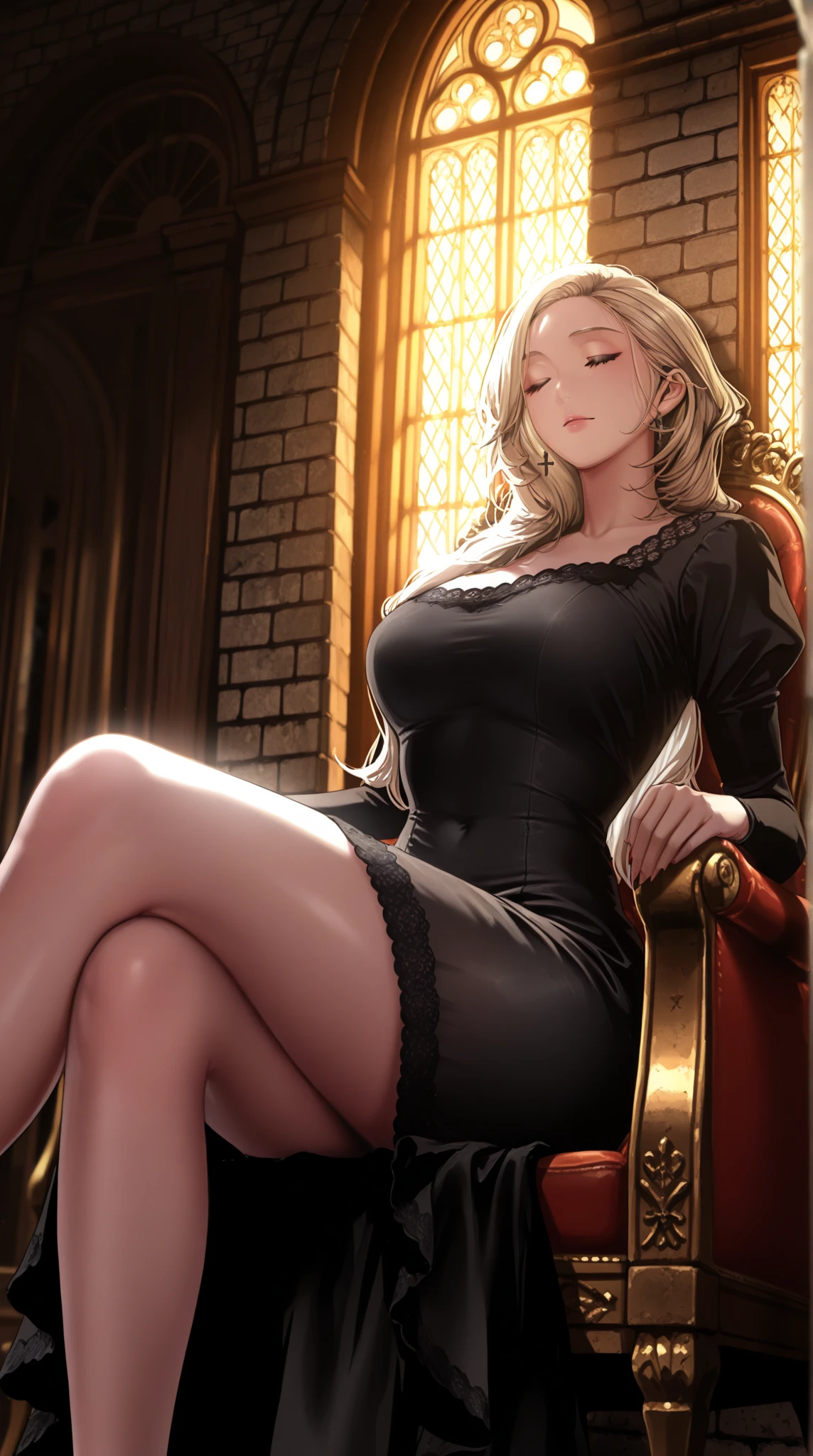 shoujo-style, 1girl, solo, masterpiece, best quality, official wallpaper, detailed face, evil smile, long eyelashes, looking at viewer, royal dress, (cleavage), puffy sleeves,, golden, jewely, sitting on throne, thick thigh, from below, Kuroume_1024