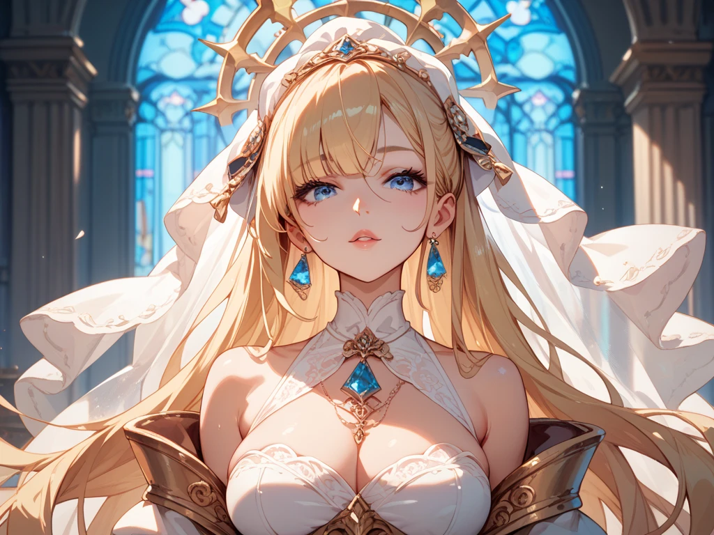 finest image, detailed, delicate, flashy and dynamic depiction, black eye mask, beautiful priestess woman, white sheer rope, white and blue sheer costume, large breasts, abs, slender, perfect proportion, blonde hair, amorous expression, lewd expression, background church cathedral with gorgeous stained glass, scattered gold dust, professional lighting