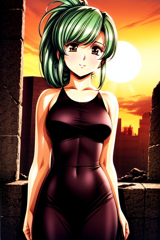 (Masterpiece, Best Quality:1.2), 1 girl, pink police suit with skirt, dark tights and boots, long green hair