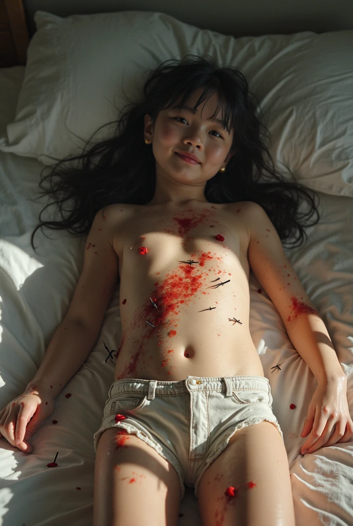 White pussy, 10 year old girl, naked and sexy white body , Whole body, wounds on his cheeks, oil wounds from slaps, super detailed.