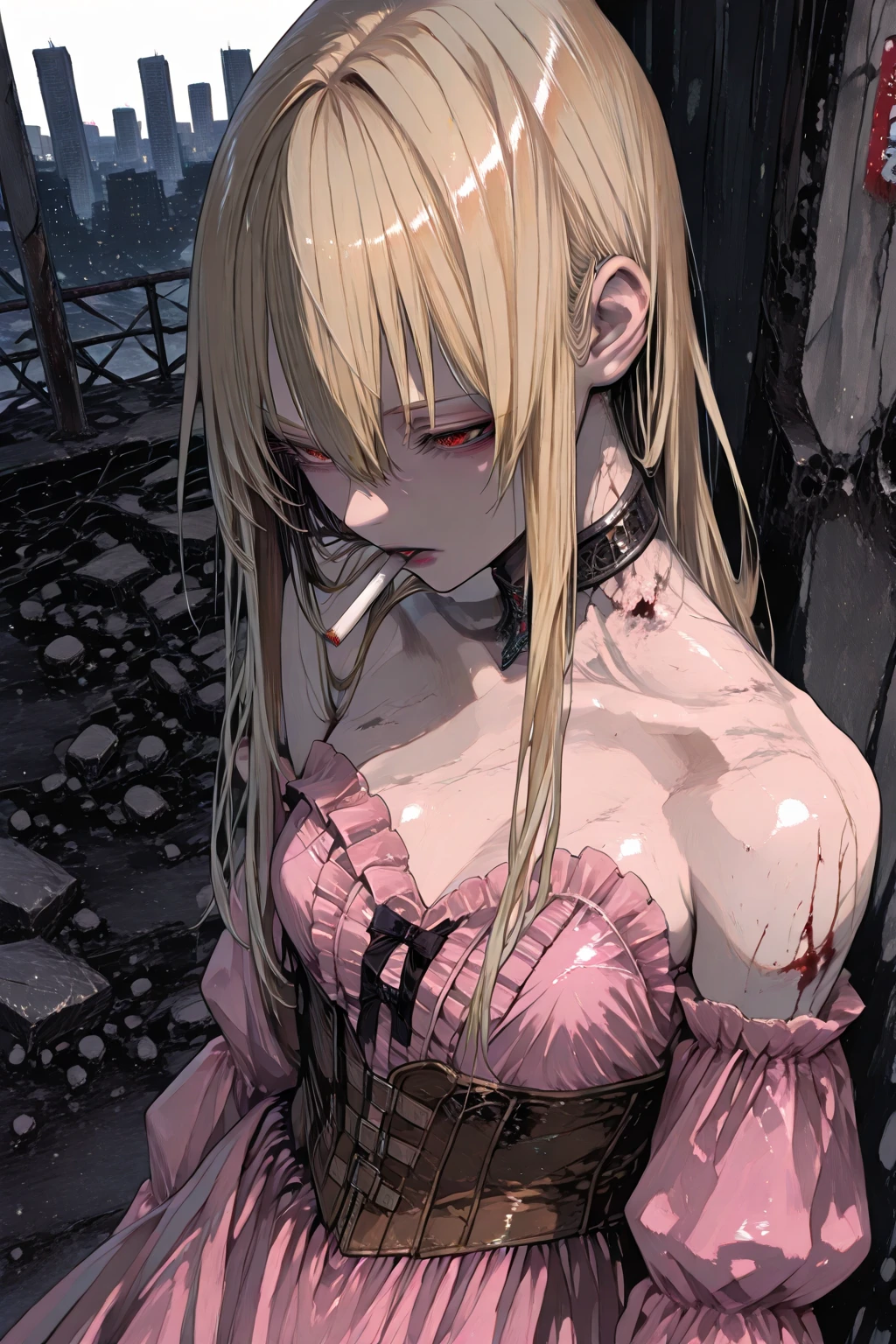 Delicate features,disaster々new devil horns,Frowning, 狂気の笑face, 最上級の笑face, Eyelids very wide open, Crazy Smile, mouth very wide open, Mouth open and teeth bared, wide lips, Very wide mouth, Frowning, Vermilion-tinted cheeks, Blonde Hair, Princess Cut, Ribbon hair ornament, brooch, Shiny candy blue dress, Gold embroidery,Lolita Style, Gothic style, Facing the audience, Otaku Room, Well-built body, Nice body, Ample breasts, Fleshy body,With eyes wide open、Scary atmosphere、Distorted facial expressions、ねじれた笑face、Bloody、Bleeding from the head、Blood splatter、whole body、Long Hair、Long bangs、(((Dark circles under the eyes)))、Pale skin、Feeling unwell、Pathological、邪悪な笑face、Crazy Eyes、(Grin)Dramatic makeup,Create mixed media art、Full body depiction on screen,whole body図,Well-built,Nice body,Shoulders wider,focus on,(face),Messy Hair,Yellow Eyes,(Glowing Eyes),(Blood splatter:1.6),Red light,笑face,big 笑face,tooth,psycho 笑face,gesugao,Dark city background,darkness,night,(close),Good Eyes, good teeth,サディスティックな笑face,,all,Shiny skin,詳細なface,Beautiful body,アwhole body油まみれで光沢感がある whole bodyから湯気が出ている Steam like a sauna room fills the entire screen. White breath from the mouth