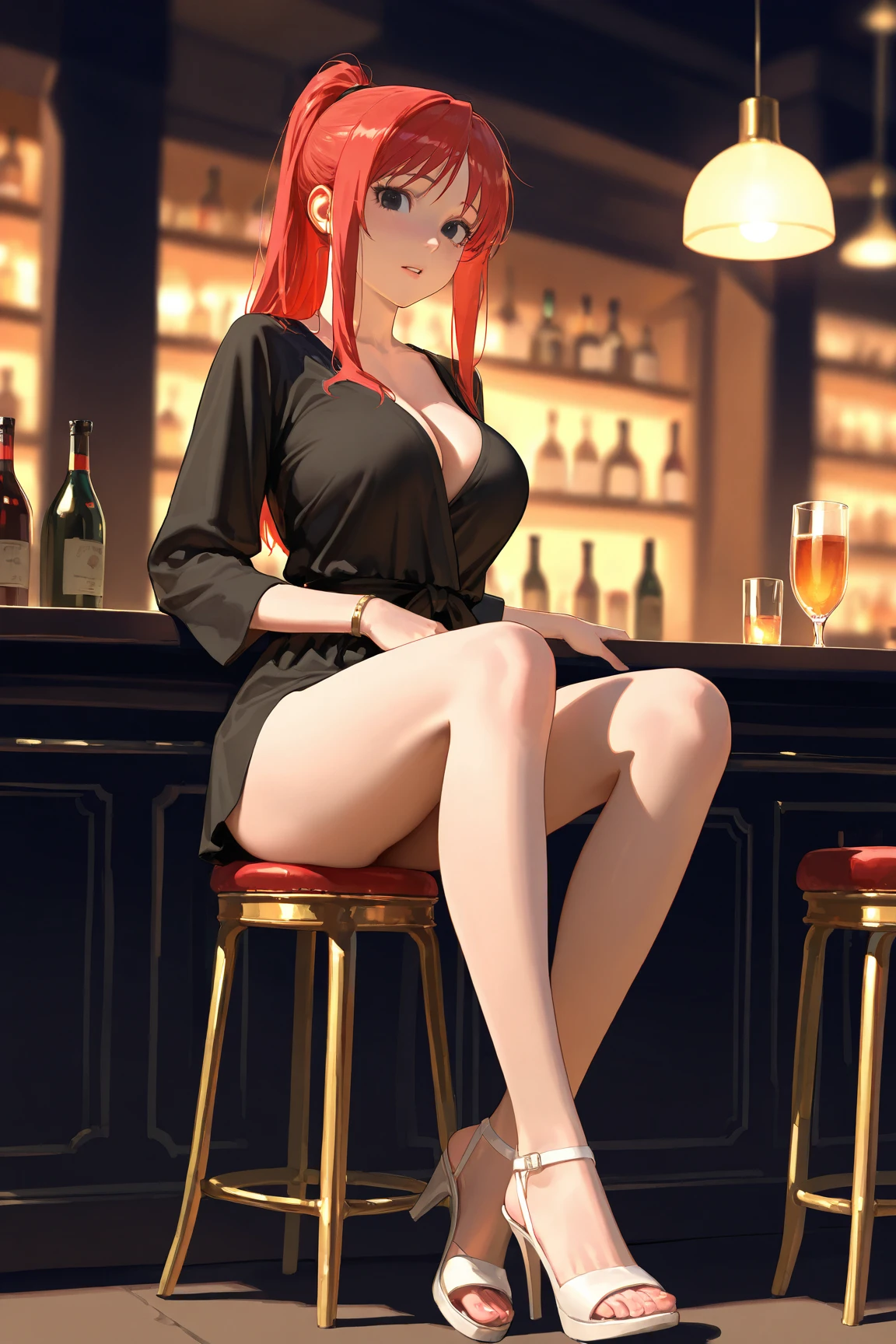Prompt: (masterpiece), best quality, expressive eyes, perfect face, breasts, long crimson colored hair, blue eyes, 1girl, tan skin, large_breasts, cleavage, full_thighs, bare_legs, high_heel_shoes, anime_shine, entire body view, head to toe, confident smile, tan skin, tan_skin, hinata hyuga, long crimson-colored hair, dark skin, bare legs, milf, curvy, (((tan skin))) (((Full body view))) (((crossed legs))) (((sitting_down))), woman, sitting, bar, legs crossed, ((((orange Micro mini dress))), tan skin, long crimson-colored hair, blue eyes side profile, nightclub