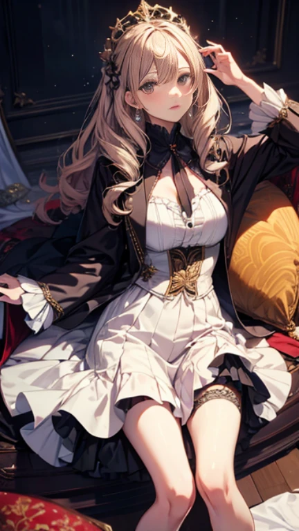 masterpiece, ultra high quality CG, best quality, perfect picture, solo, Ashelia B'nargin Dalmasca, blushing, wearing a sexy royal dress and bustier, arms up, armpit, royal room, belly showing, lying in bed