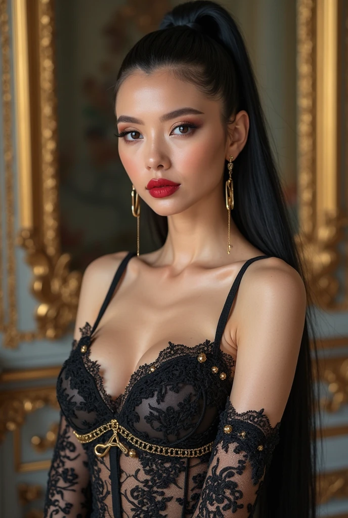tmasterpiece,best qualtiy,hdr, hyper HD, 8K,Bokeh,Ultra-fine painting,Sharp focus,Physically-based rendering,Extreme detail description, half-body photo，looking at viewer, choker, dark eyeshadow:1.4, red lipstick, (big breasts:1.3), (EOS R8, 50 millimeters, F1.2, 8K, RAW photo:1.2)