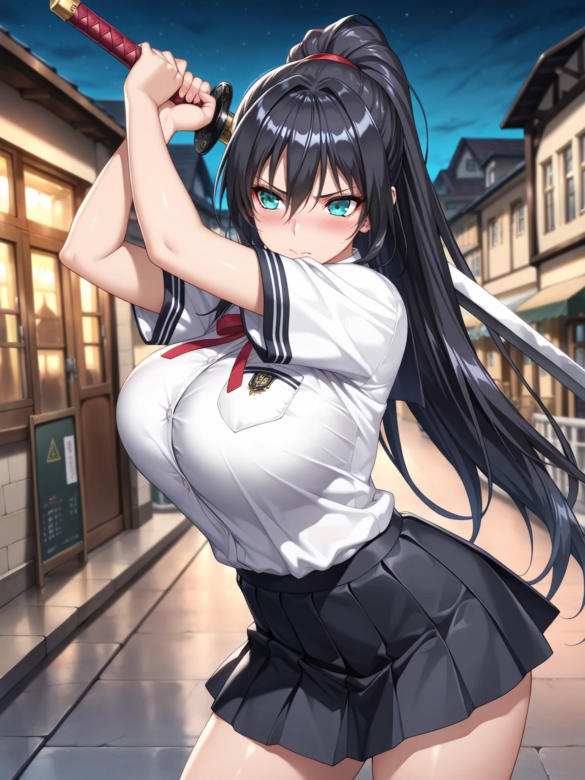 ((Masterpiece, Best Quality, high resolution, UHD, pixel perfect, depth of field, 4k, RTX, HDR)), 1 girl, Single, Alone, beautiful anime girl, beautiful artistic style, cartoon character, akame, style akame ga kill!, black collared shirt, red necktie, Sleeveless, skirt ((wide, hits, Shiny black hair,)), (Red eyes:1.4, rounded eyes, Beautiful eyelashes, realistic eyes), (detailed face, blush:1.2), (smooth texture:0.75, realistic texture:0.65, photorealistic:1.1, cg anime style), big breasts, (dynamic pose, to throw, close up, looking at the viewer), perfect body, round butt, black choker, ((black miniskirt:1.5)), Open mouth, Holding a katana, next to a water fountain.