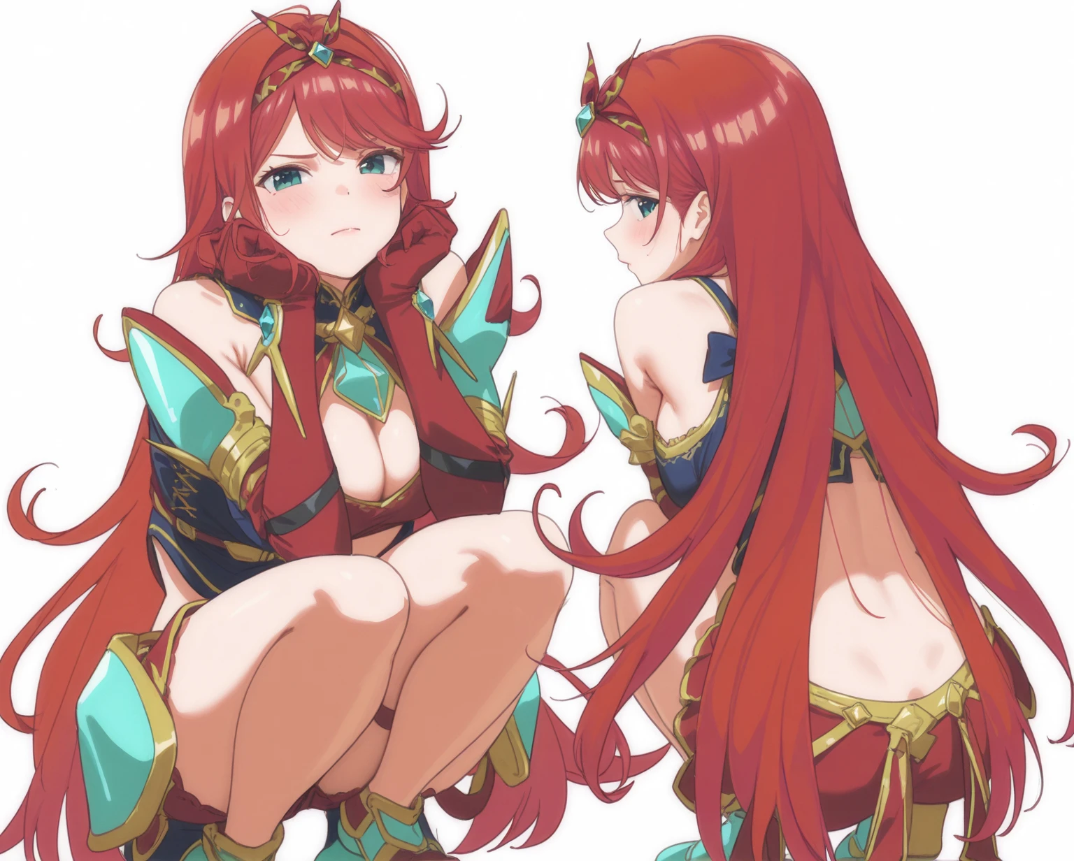 masterpiece, best quality, cute eyes, 1girl, solo, high fantasy costume, ((white background)), full body, multiple views, leotard, succubus, dragon horn, detached sleeves,