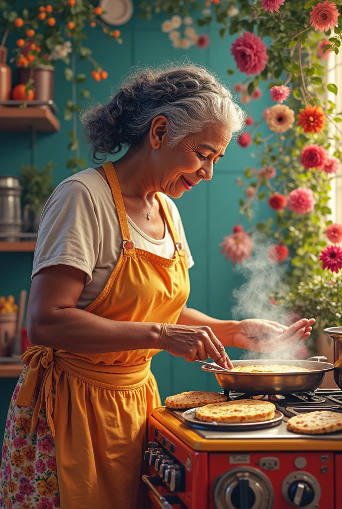 67 year old Mexican lady, hippie/ bohemian and fit. cooks his dinner