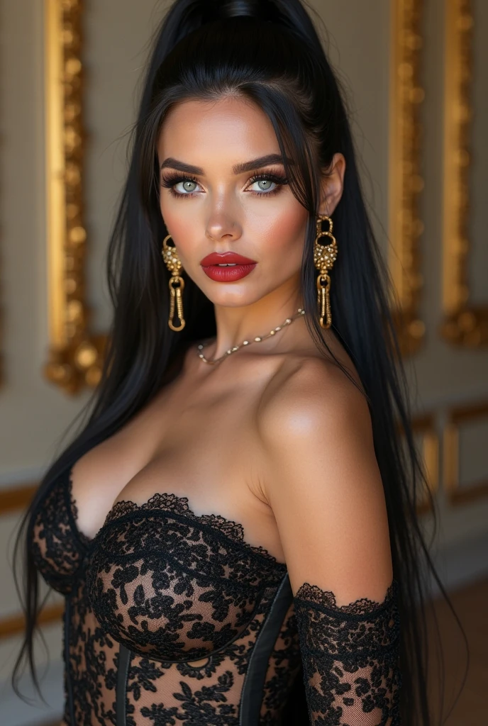 Photo shoot brunette woman long black hair, more robust silhouette,in a luxurious place with lights that highlight its beauty