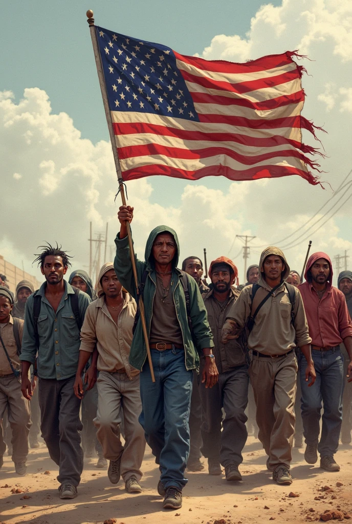 Migration group with the flag in the hands of the United States - SeaArt AI