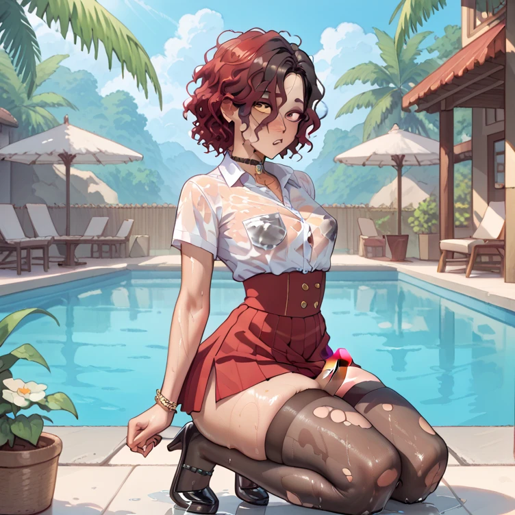 a red haired woman with red eyes and an hourglass figure in a cute summer dress is sitting by a pond with a blush and a smile