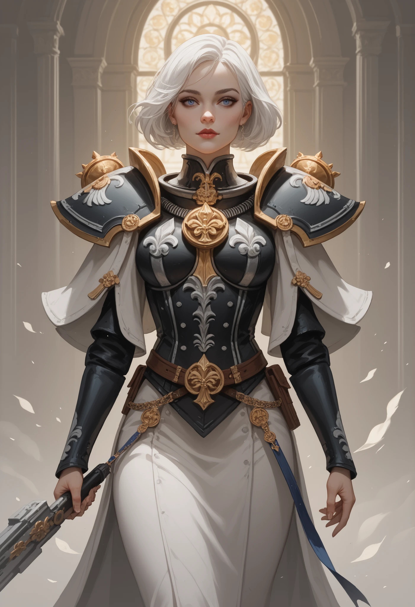 High quality, Masterpiece, Absurd res, physically-based rendering, Adepta Sororitas, Order Sabine, Order Famulous, Sister Sabine, Shielded robes, Chaplet Ecclesiasticus around the waist, Fleur de Lys, White hair, (Solo)