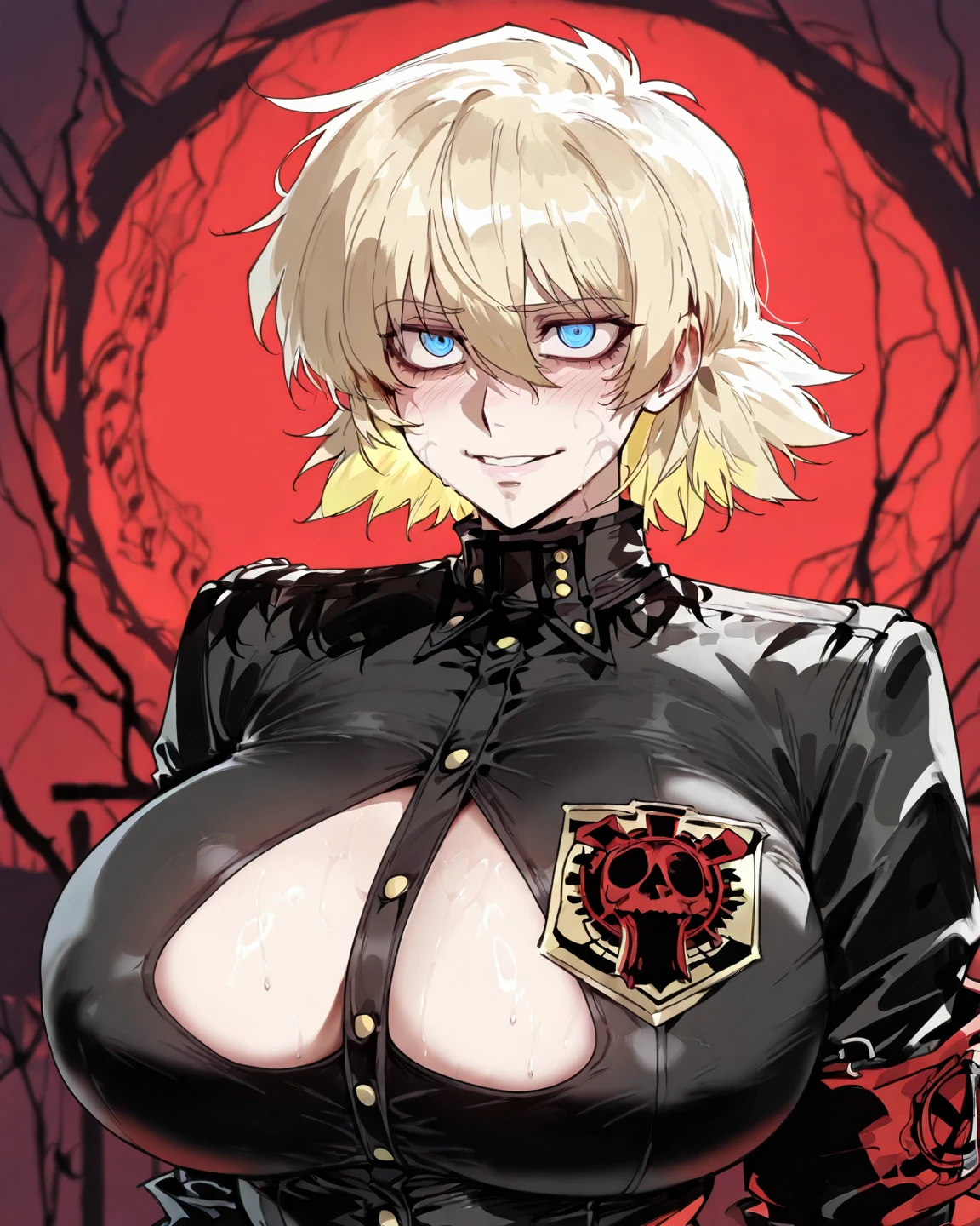 Masterpiece, Highly detailed, Best Quality, extra high resolution, 1girl, Horns, hairlong, looking a viewer, Average Breasts,, En plein air, power (chainsaw man), Day, blusher, Smile, blue jacket, pants, horns demon, Yellow eyes, cross-shaped pupils, Shirt, Hair between the eyes, Black pants, (off-the-shoulder:1.3), (partially_unbuttoned:1.2), White shirt Ultra transparent, Chainsaw Man Energy, Two red sharp horns on the head, ultra sharp image, Ultra Beautiful, little chest. hairlong, blonde woman, Beautiful figure, taut clothes, T-shirt with the image of a cat, jean shorts, Shoes, bright yellow eyes, Red crosses and circles instead of pupils, handsome body, sexy clothes, Beautiful eyes, very detailed eyes, Very detailed face, handsome body, Cherecter Desing, Very detailed, Detailed body, Detailed hands, Detailed, Vibrants, Detailed Face, sharp-focus, WLOP, artgerm, anime art, Vibrants, Detailed Face, Hugh Details, sharp-focus, Very drooping face, A detailed eye, super fine illustration, better shadow, finely detail, Beautiful detail