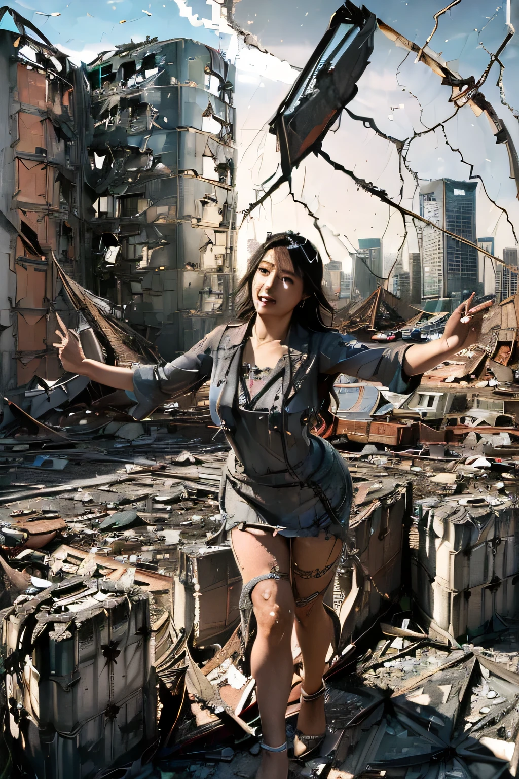 Aerial view、Above the Clouds、迫り来るGiantess、Crush a small building、Powerful movements、Great impact、giantess、Giantess、A woman taller than a skyscraper、Realistic、Realistic、Realistic景色、Realistic女性、Wear a pretty pink tank top、Cute woman、Young Japanese、short hair、Blonde Hair、Slim body、Destroyed City、rubble、A ruined world、GiantessにDestroyed City、Distant view of the city、Small buildings、小さなビルを踏み荒らすGiantess