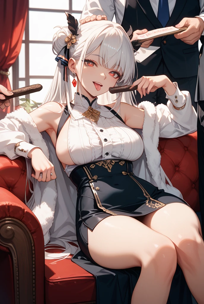 E Cup，sit a chair，Holding a glass of red wine in his hand，White hair，White eyes，Lady Style Coil Hair，White Dress，White pantyhose，expressionless face，Aristocratic party scene