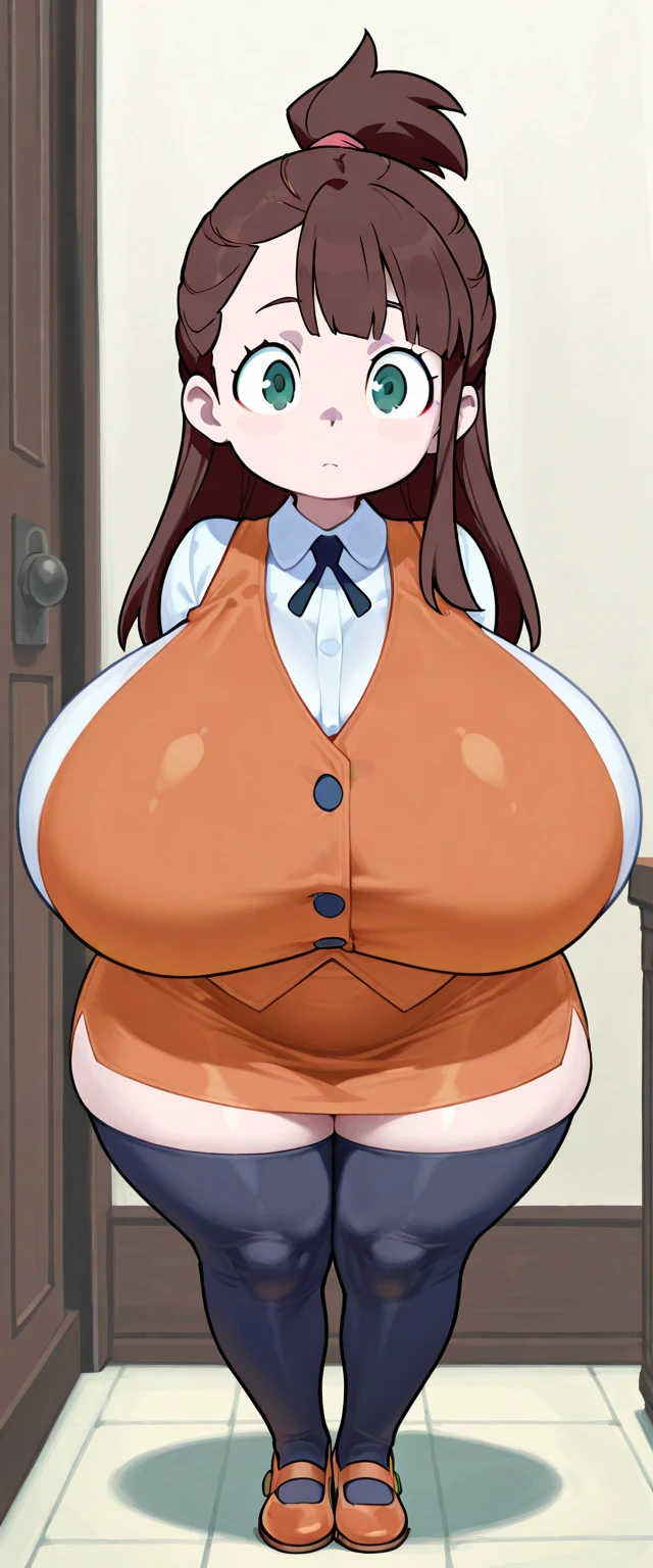 obra maestra, mejor calidad, highest qualityr, Perfect Anatomia, high resolusion, ultra detallada, fondo de pantalla de 8k, textura, detalle, only one, HDR, CG extremadamente detallado, obese Azuma Hisato, obese 1 girl in, solo, cuerpo completo, de pie, cola de caballo, brown-hair, flequillo , ojos_marrones, 20 year, mujer madura obesa, mirando al espectador, sonrisa, cara lasciva, (Beautiful,large_Breasts:1.4), (beautiful_face:1.5),(narrow_waist), traje de oficina, uniforme de oficina,desnuda,