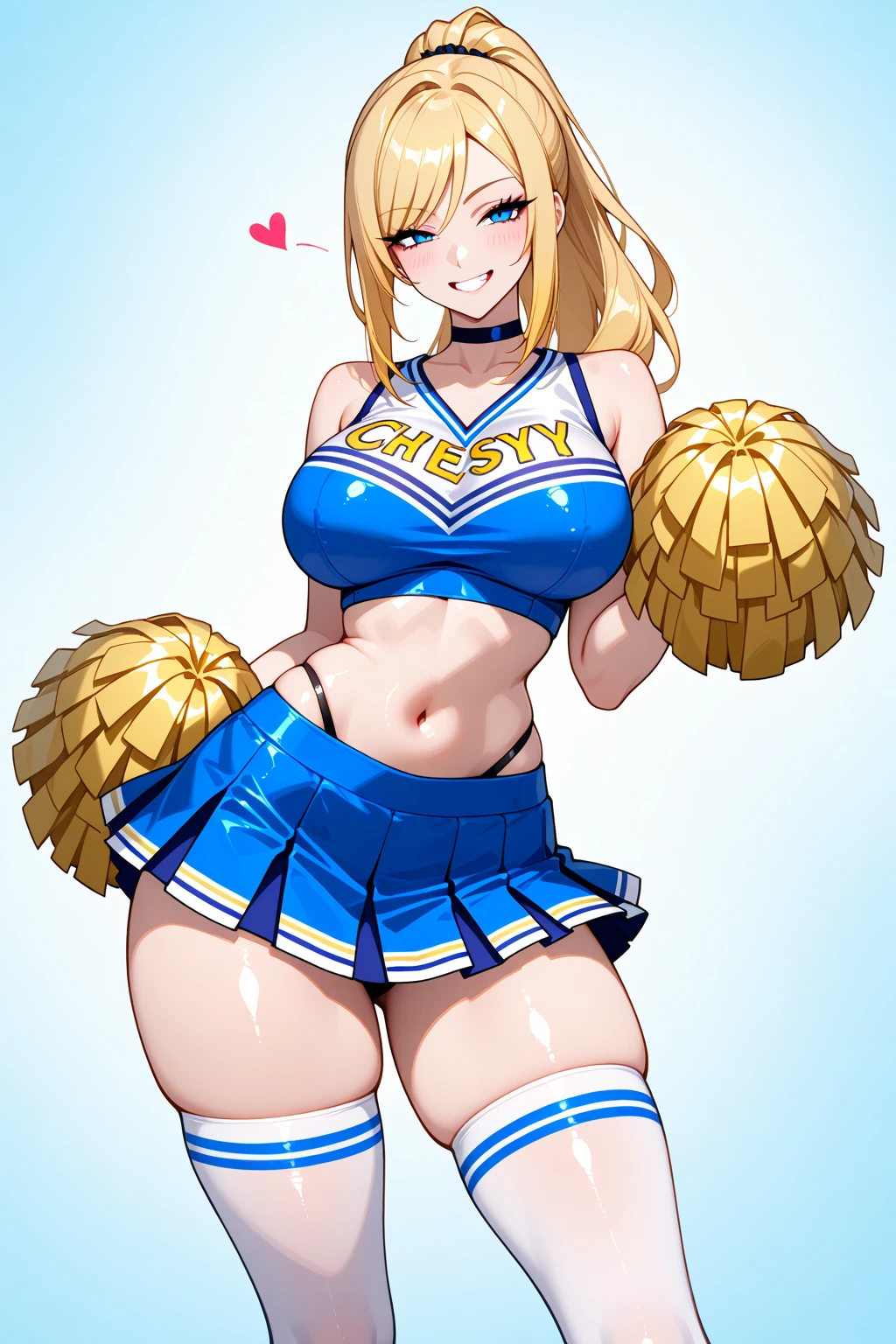 anime artwork, score_9, score_8_up, score_7_up, score_6_up, score_5_up, score_4_up, Mount Lady, blonde hair, purple eyes, big breasts, she is 24 years old, style_3, ,,,  , , ,grey background , _, standing, cheerleader, skirt. underboob, u.a. cheerleader uniform