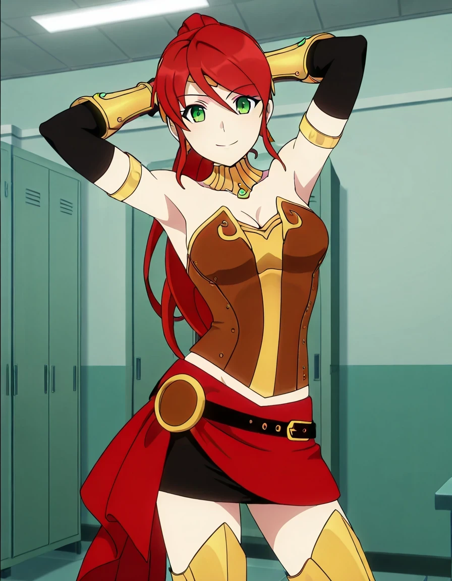 PyrrhaNik0s, 1girl, red hair, long hair, ponytail, green eyes, athletic female,
PyrrhaHuntress, bracers,  elbow gloves, anime screencap, high quality, solo, cowboy shot, (contrapposto), hands behind head, closed mouth, dorm room, alone, looking at viewer, smile, best quality