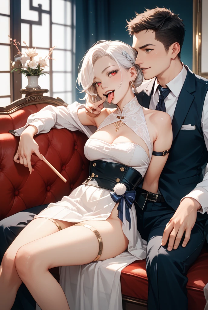 masterpiece, highest quality, High resolution, super detailed, perfect anatomy, detailed face, fine eyes, ((1 girl、1 boy)), a boy hugs a girl, hetero, (boy,grab from behind:1.5), silver hair, spread legs