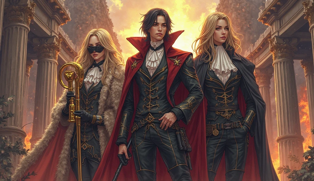 A full-body illustration by Yoshitaka Amano inspired by "Vampire Hunter D". Male character D wears a European aristocratic-style all-black outfit consisting of a long black coat and white shirt. Handsome features, white skin. Lined up with beautiful female characters. The slender long sword and elaborate black boots add to the mysterious presence. Beautifully shot with an EOS 5D digital SLR camera.