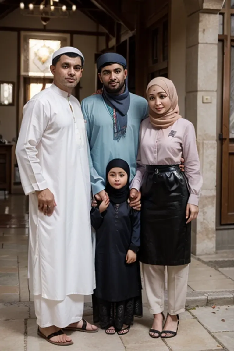 a 34 year old man wearing Muslim clothes, a 34 year old woman wearing a Muslim hijab, a 10 year old boy wearing Muslim clothes, a 7 year old girl wearing a hijab wearing Muslim clothes, sorry hand pose with Eid al-Fitr background. Eid al-Fitr ornaments authentic Indonesian family with an Eid al-Fitr atmosphere