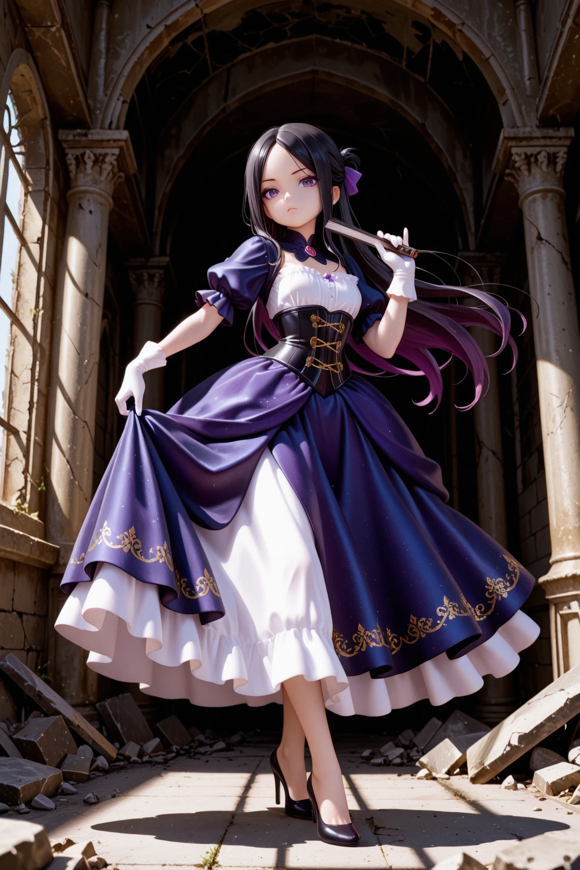 masterpiece, highest quality, amazing quality, perfect face, highest resolution, anime style,  anime style, 1lady, solo, young lady, villain, villain, bad guy, villain face, villain, cowardly, unpleasant young lady, young lady, evil, evil young lady, thin black hair, long hair, hairstyle with part tied back, forehead exposed, 7:3 parted bangs, young lady laugh, loud laughter, evil young lady, villain, hair shadow on eyes, strong shadow, young lady dress, princess dress, young lady dress, black, navy blue and purple frilly dress, dress with fur, Dress with high collar, villain dress, classic dress, long skirt dress, puffy skirt, corset, white gloves, high heels, fan with fur, bad girl pose, full body, dynamic pose, low angle, pose of a villainous young lady, apocalypse, aristocrat, aristocrat's clothes, medieval dress, corset, medieval hairstyle with hair in tangles, expressionless, Lifting rubble, strong, superhuman strength, tattered classic dress, dilapidated aristocrat's mansion, dilapidated classical architecture, abandoned classical architecture, ruins, dim, negative atmosphere