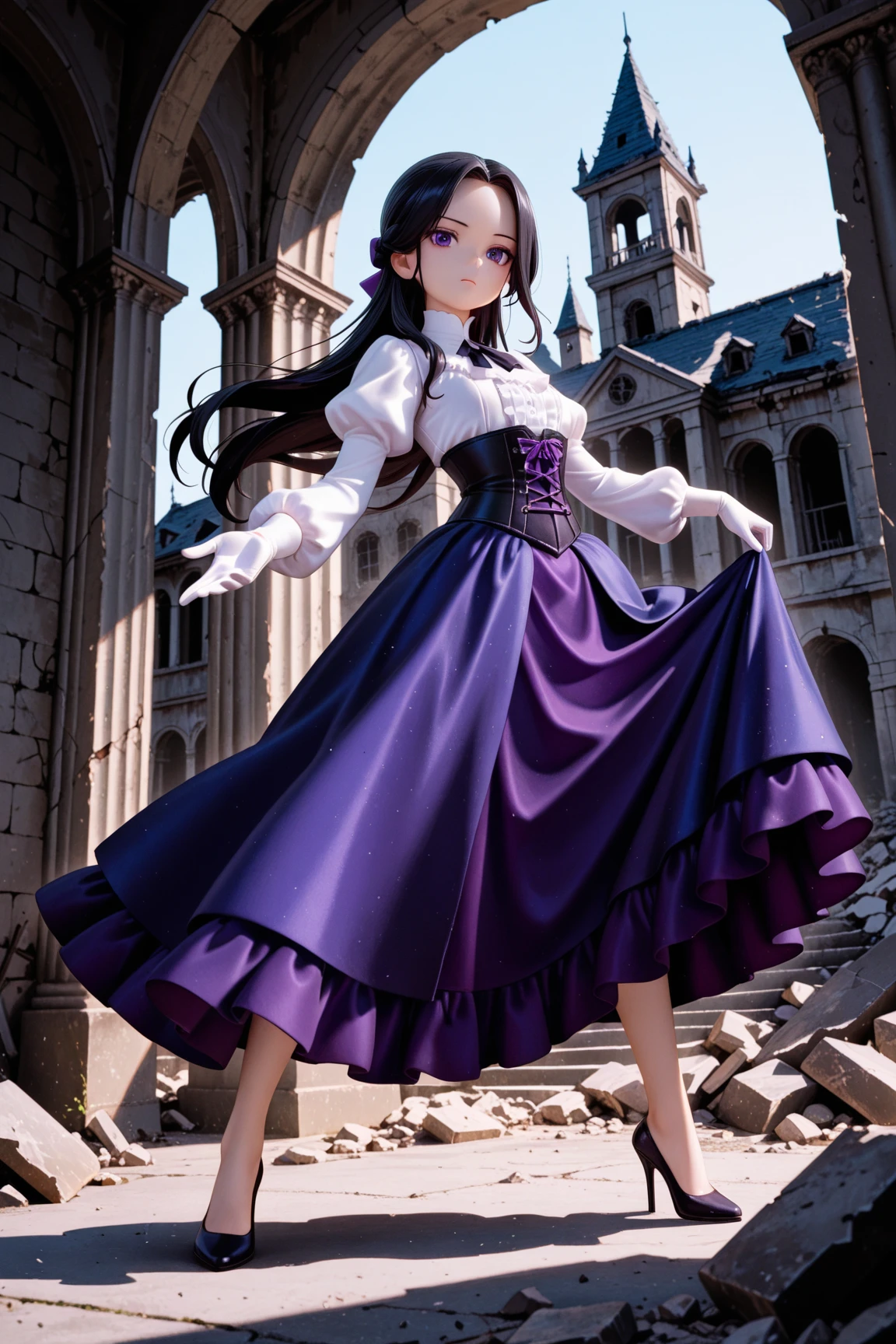 masterpiece, highest quality, amazing quality, perfect face, highest resolution, anime style,  anime style, 1lady, solo, young lady, villain, villain, bad guy, villain face, villain, cowardly, unpleasant young lady, young lady, evil, evil young lady, thin black hair, long hair, hairstyle with part tied back, forehead exposed, 7:3 parted bangs, young lady laugh, loud laughter, evil young lady, villain, hair shadow on eyes, strong shadow, young lady dress, princess dress, young lady dress, black, navy blue and purple frilly dress, dress with fur, Dress with high collar, villain dress, classic dress, long skirt dress, puffy skirt, corset, white gloves, high heels, fan with fur, bad girl pose, full body, dynamic pose, low angle, pose of a villainous young lady, apocalypse, aristocrat, aristocrat's clothes, medieval dress, corset, medieval hairstyle with hair in tangles, expressionless, Lifting rubble, strong, superhuman strength, tattered classic dress, dilapidated aristocrat's mansion, dilapidated classical architecture, abandoned classical architecture, ruins, dim, negative atmosphere