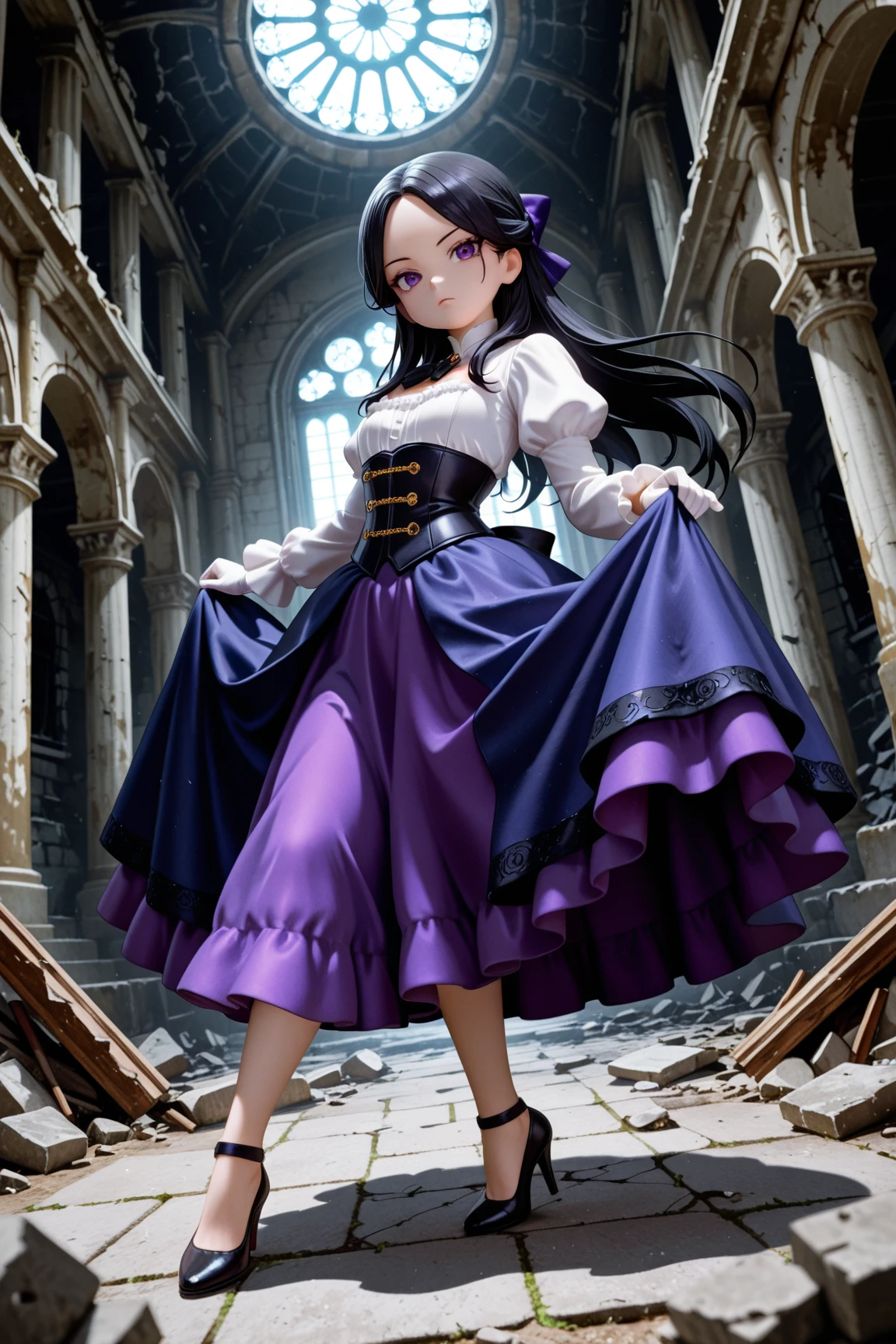 masterpiece, highest quality, amazing quality, perfect face, highest resolution, anime style,  anime style, 1lady, solo, young lady, villain, villain, bad guy, villain face, villain, cowardly, unpleasant young lady, young lady, evil, evil young lady, thin black hair, long hair, hairstyle with part tied back, forehead exposed, 7:3 parted bangs, young lady laugh, loud laughter, evil young lady, villain, hair shadow on eyes, strong shadow, young lady dress, princess dress, young lady dress, black, navy blue and purple frilly dress, dress with fur, Dress with high collar, villain dress, classic dress, long skirt dress, puffy skirt, corset, white gloves, high heels, fan with fur, bad girl pose, full body, dynamic pose, low angle, pose of a villainous young lady, apocalypse, aristocrat, aristocrat's clothes, medieval dress, corset, medieval hairstyle with hair in tangles, expressionless, Lifting rubble, strong, superhuman strength, tattered classic dress, dilapidated aristocrat's mansion, dilapidated classical architecture, abandoned classical architecture, ruins, dim, negative atmosphere
