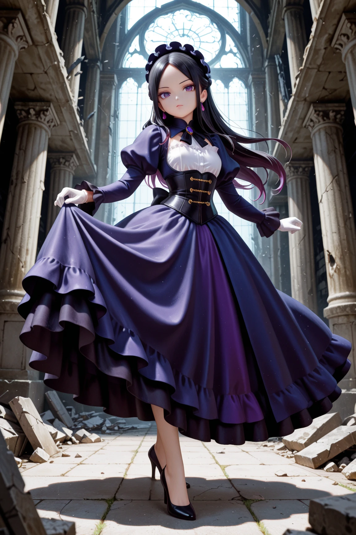 masterpiece, highest quality, amazing quality, perfect face, highest resolution, anime style,  anime style, 1lady, solo, young lady, villain, villain, bad guy, villain face, villain, cowardly, unpleasant young lady, young lady, evil, evil young lady, thin black hair, long hair, hairstyle with part tied back, forehead exposed, 7:3 parted bangs, young lady laugh, loud laughter, evil young lady, villain, hair shadow on eyes, strong shadow, young lady dress, princess dress, young lady dress, black, navy blue and purple frilly dress, dress with fur, Dress with high collar, villain dress, classic dress, long skirt dress, puffy skirt, corset, white gloves, high heels, fan with fur, bad girl pose, full body, dynamic pose, low angle, pose of a villainous young lady, apocalypse, aristocrat, aristocrat's clothes, medieval dress, corset, medieval hairstyle with hair in tangles, expressionless, Lifting rubble, strong, superhuman strength, tattered classic dress, dilapidated aristocrat's mansion, dilapidated classical architecture, abandoned classical architecture, ruins, dim, negative atmosphere