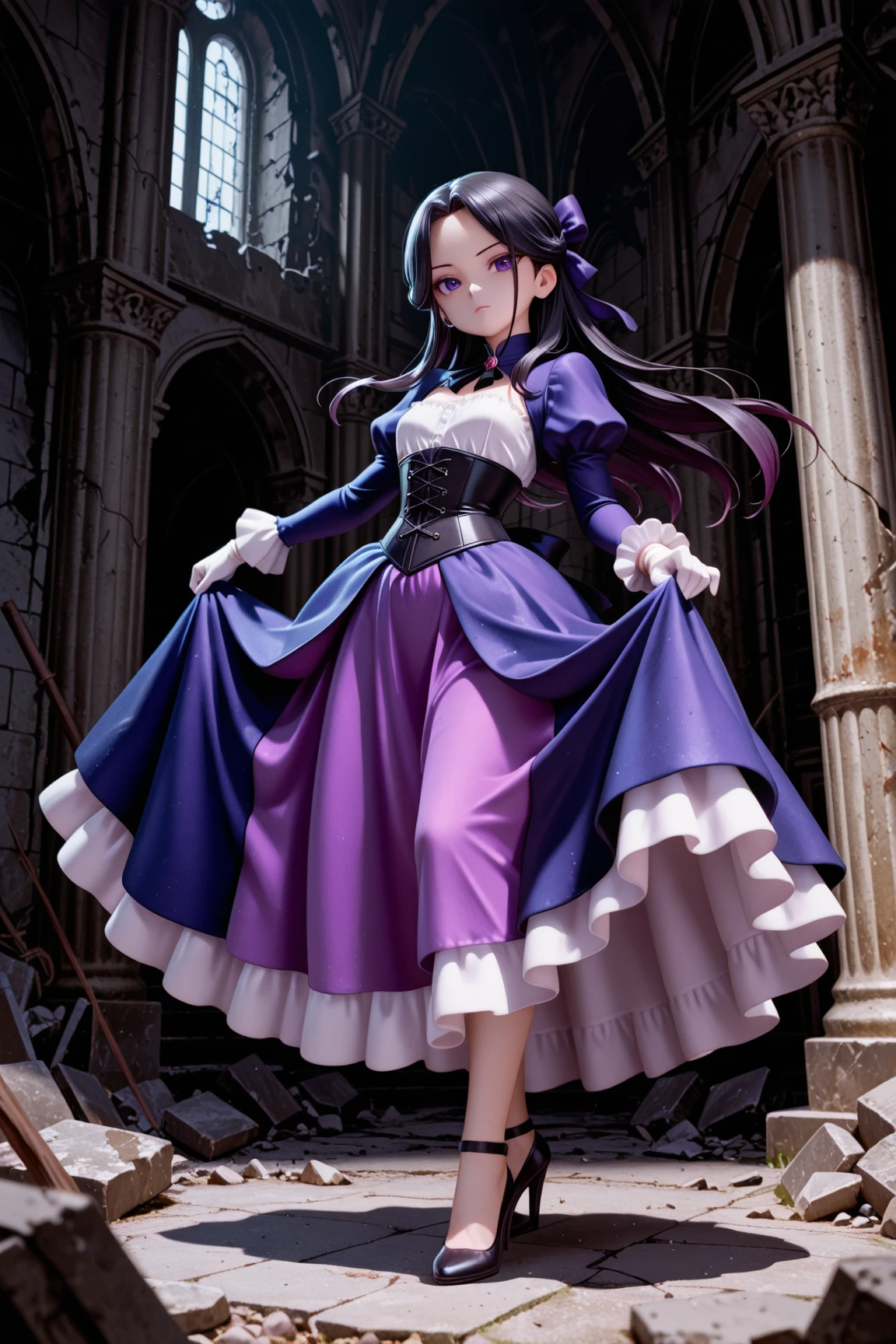 masterpiece, highest quality, amazing quality, perfect face, highest resolution, anime style,  anime style, 1lady, solo, young lady, villain, villain, bad guy, villain face, villain, cowardly, unpleasant young lady, young lady, evil, evil young lady, thin black hair, long hair, hairstyle with part tied back, forehead exposed, 7:3 parted bangs, young lady laugh, loud laughter, evil young lady, villain, hair shadow on eyes, strong shadow, young lady dress, princess dress, young lady dress, black, navy blue and purple frilly dress, dress with fur, Dress with high collar, villain dress, classic dress, long skirt dress, puffy skirt, corset, white gloves, high heels, fan with fur, bad girl pose, full body, dynamic pose, low angle, pose of a villainous young lady, apocalypse, aristocrat, aristocrat's clothes, medieval dress, corset, medieval hairstyle with hair in tangles, expressionless, Lifting rubble, strong, superhuman strength, tattered classic dress, dilapidated aristocrat's mansion, dilapidated classical architecture, abandoned classical architecture, ruins, dim, negative atmosphere