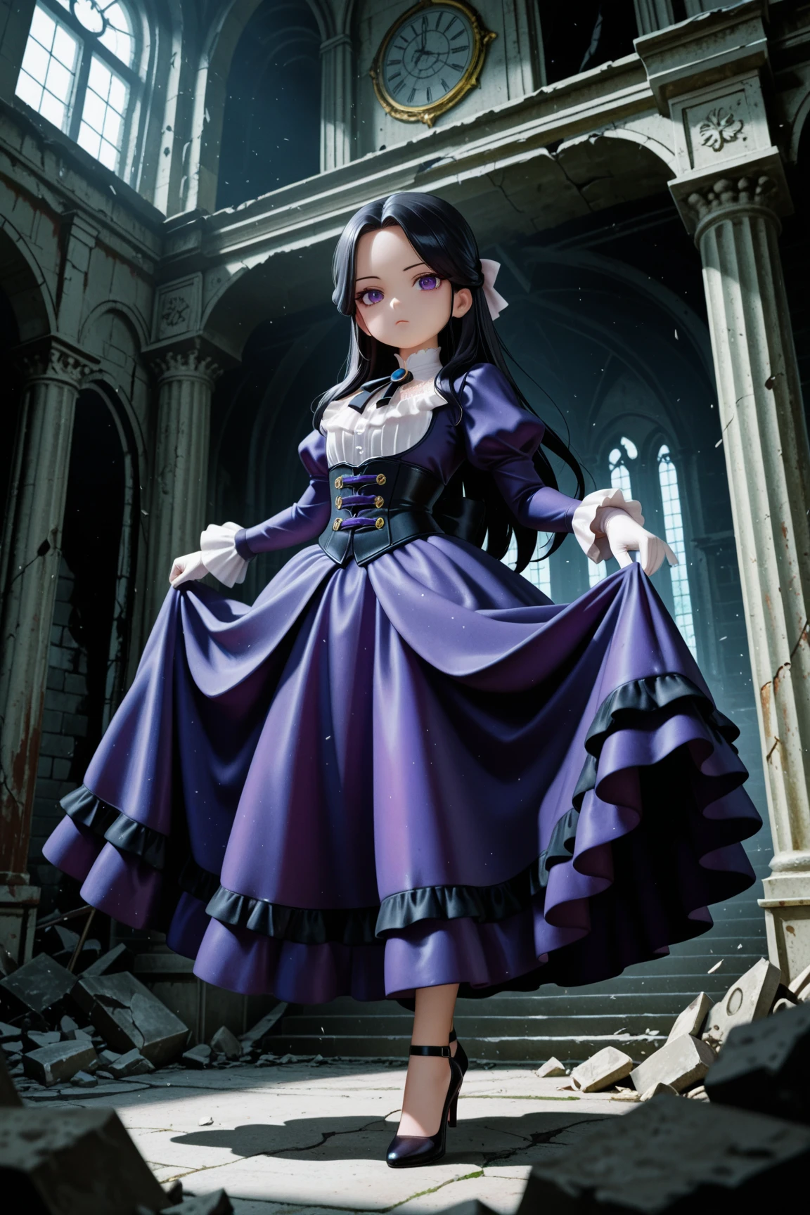 masterpiece, highest quality, amazing quality, perfect face, highest resolution, anime style,  anime style, 1lady, solo, young lady, villain, villain, bad guy, villain face, villain, cowardly, unpleasant young lady, young lady, evil, evil young lady, thin black hair, long hair, hairstyle with part tied back, forehead exposed, 7:3 parted bangs, young lady laugh, loud laughter, evil young lady, villain, hair shadow on eyes, strong shadow, young lady dress, princess dress, young lady dress, black, navy blue and purple frilly dress, dress with fur, Dress with high collar, villain dress, classic dress, long skirt dress, puffy skirt, corset, white gloves, high heels, fan with fur, bad girl pose, full body, dynamic pose, low angle, pose of a villainous young lady, apocalypse, aristocrat, aristocrat's clothes, medieval dress, corset, medieval hairstyle with hair in tangles, expressionless, Lifting rubble, strong, superhuman strength, tattered classic dress, dilapidated aristocrat's mansion, dilapidated classical architecture, abandoned classical architecture, ruins, dim, negative atmosphere