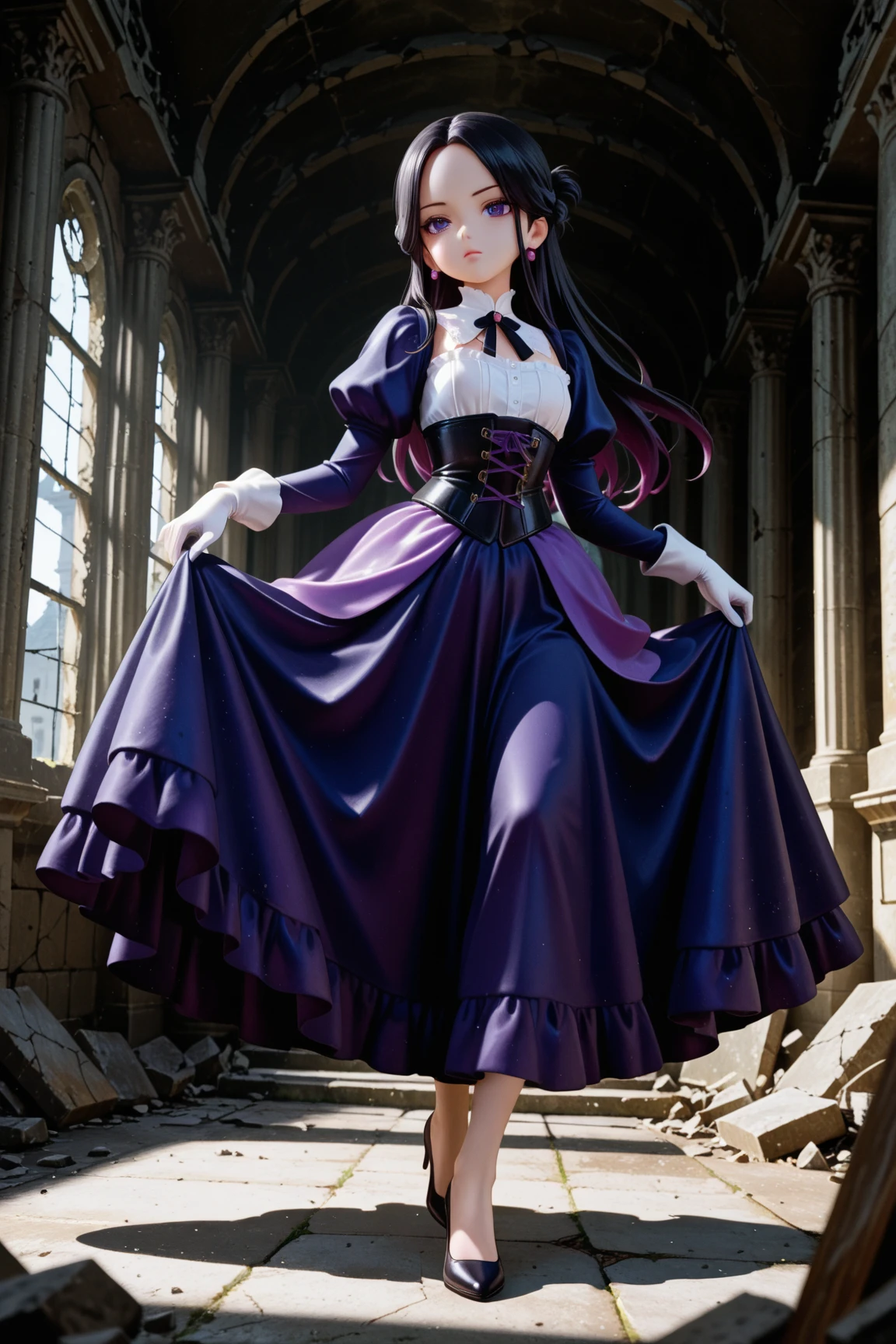 masterpiece, highest quality, amazing quality, perfect face, highest resolution, anime style,  anime style, 1lady, solo, young lady, villain, villain, bad guy, villain face, villain, cowardly, unpleasant young lady, young lady, evil, evil young lady, thin black hair, long hair, hairstyle with part tied back, forehead exposed, 7:3 parted bangs, young lady laugh, loud laughter, evil young lady, villain, hair shadow on eyes, strong shadow, young lady dress, princess dress, young lady dress, black, navy blue and purple frilly dress, dress with fur, Dress with high collar, villain dress, classic dress, long skirt dress, puffy skirt, corset, white gloves, high heels, fan with fur, bad girl pose, full body, dynamic pose, low angle, pose of a villainous young lady, apocalypse, aristocrat, aristocrat's clothes, medieval dress, corset, medieval hairstyle with hair in tangles, expressionless, Lifting rubble, strong, superhuman strength, tattered classic dress, dilapidated aristocrat's mansion, dilapidated classical architecture, abandoned classical architecture, ruins, dim, negative atmosphere