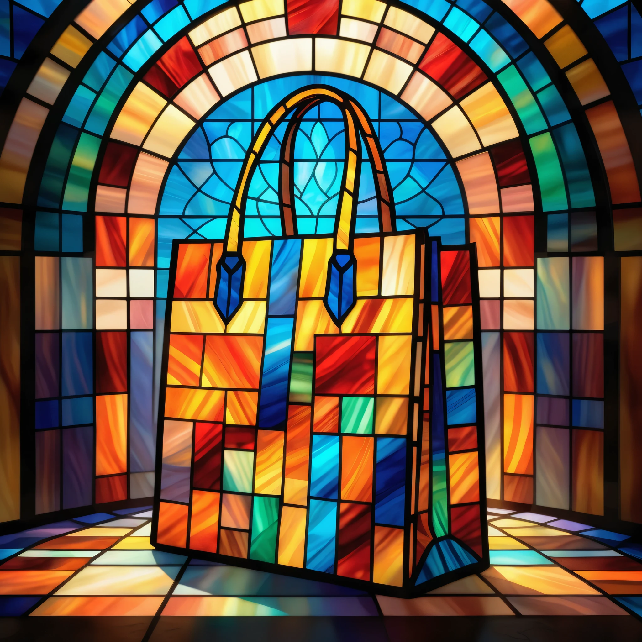 Stained-glass style illustration of a (shopping bag) in a colorful, full-color image. The (shopping bag) is intricately drawn in shades of brown, pink, and white, like a mosaic, creating a vivid, artistic effect. The background depicts a stained-glass (room) in blue, yellow, and orange, representing a glowing (room). Sunlight shines through the glass patterns, creating a warm glow. The ground is covered with stylized red, orange, and green tile, enhancing the stained glass effect. The overall composition is detailed, and the geometric and organic patterns resemble real stained glass works.