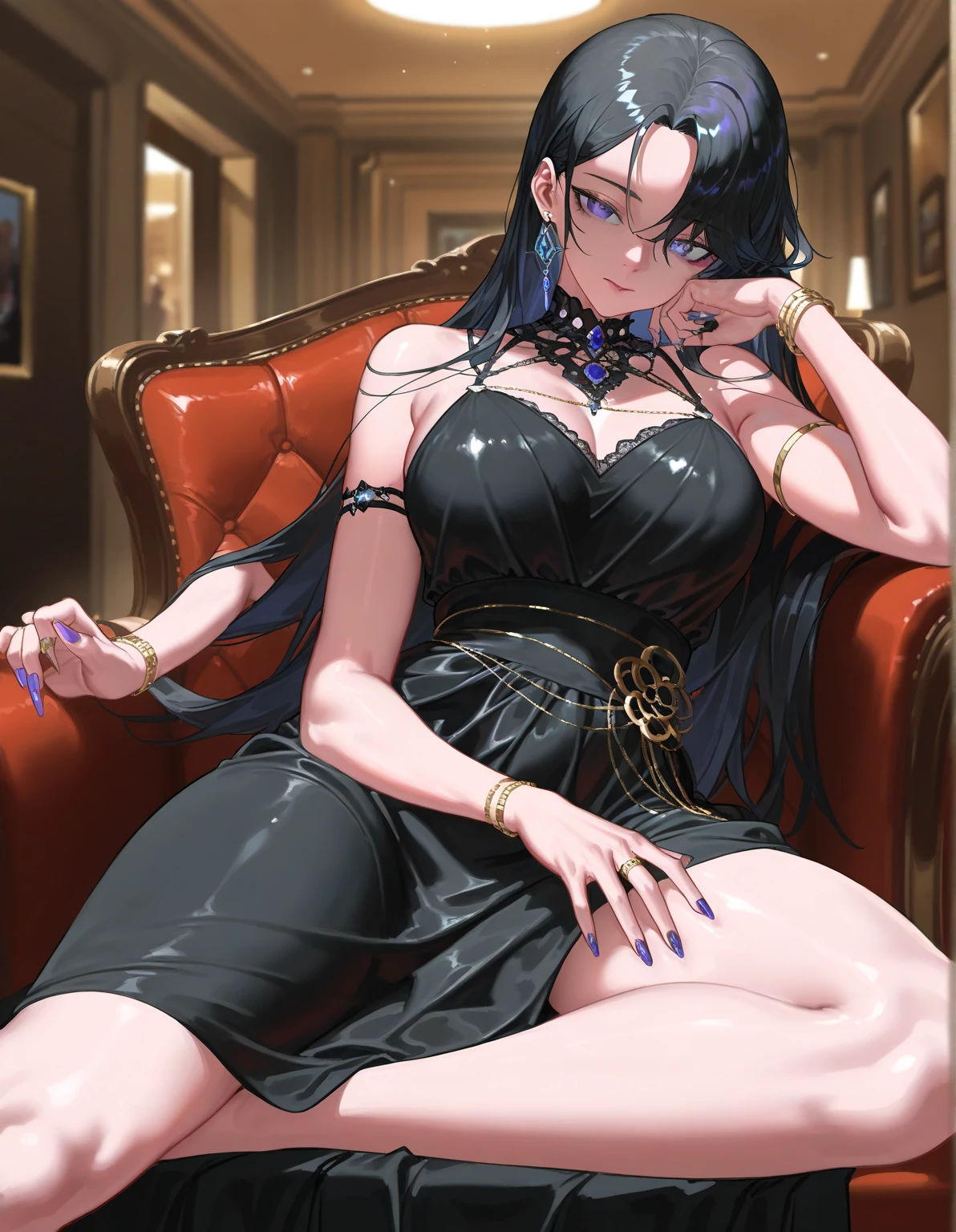 masterpiece, best quality, <lora:rinslet-nvwls-v1-000009:0.9> rinslet walker, green eyes, necklace, black dress, cleavage, black shorts, solo, large breasts, sitting, high heels, fancy chair, chandelier, looking at viewer, wink, smile