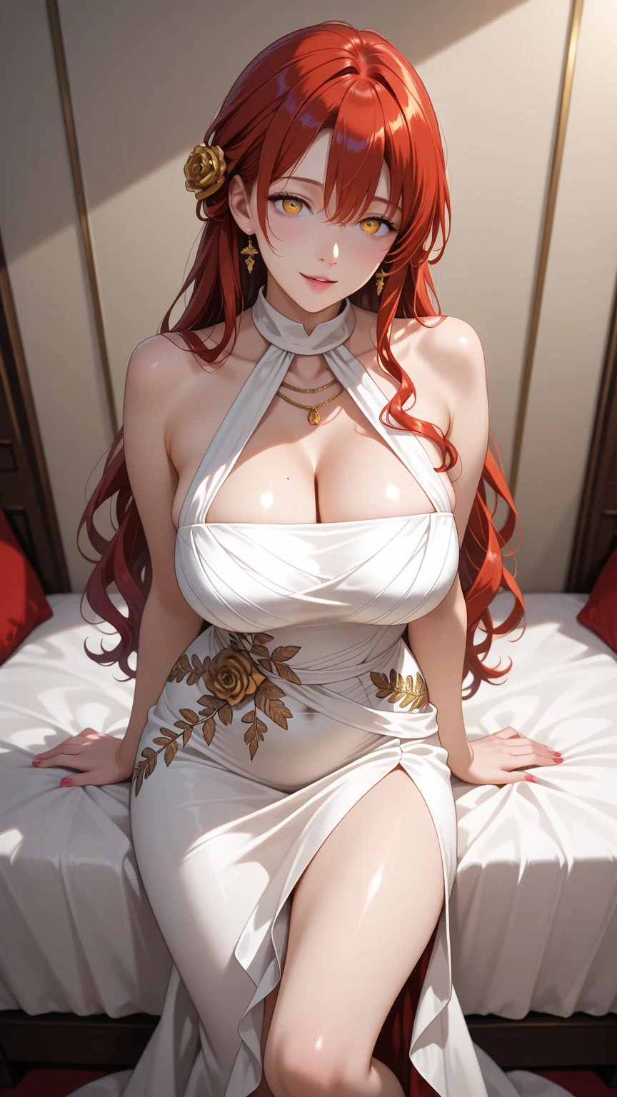 Girl with long wavy light orange hair, perfect face, adult, with a black kimono opened on the chest, with white oppened under dress, light blue eyes, with a necklace chain that gets until the waist, big breast, detailed face, with a big pink belt arround the waist and a katana next to the waist, tits cum, naked tits