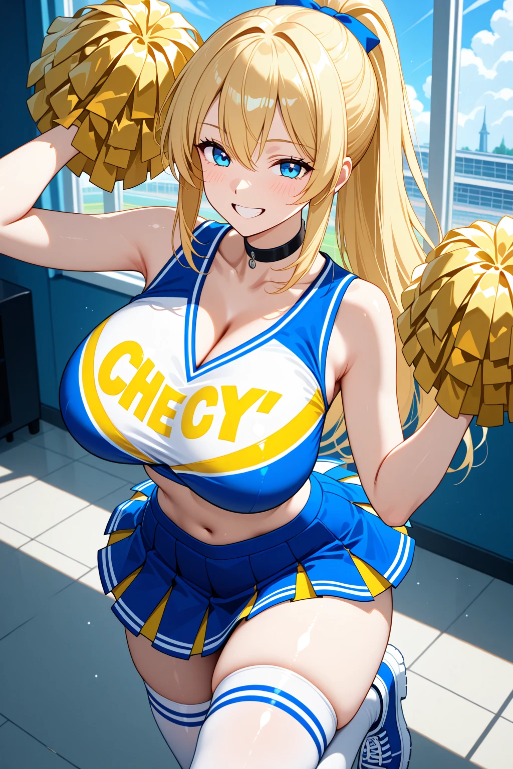 Score_9, score_8_up, score_7_up, score_6_up, score_5_up, score_4_up, source_anime, ganguro, gyaru, solo, 1girl, Yamanba, makeup, tan skin, whore, prostitute, Mature female, huge breasts, wide hips, thick thighs, upper body, BREAK gyaru mama, cheerleader, clothes writing, crop top, sleeveless shirt, midriff, miniskirt, pleated skirt, holding pom poms, walking, sideview, pink lips, long eyelashes, pink eyeshadow, looking at viewer, pov, outdoors, tokyo \(city\), night time, blurry background, city lights, neon lights, covered nipples, bracelet, seductive smile, collarbone, long hair, ahegao, tongue out
