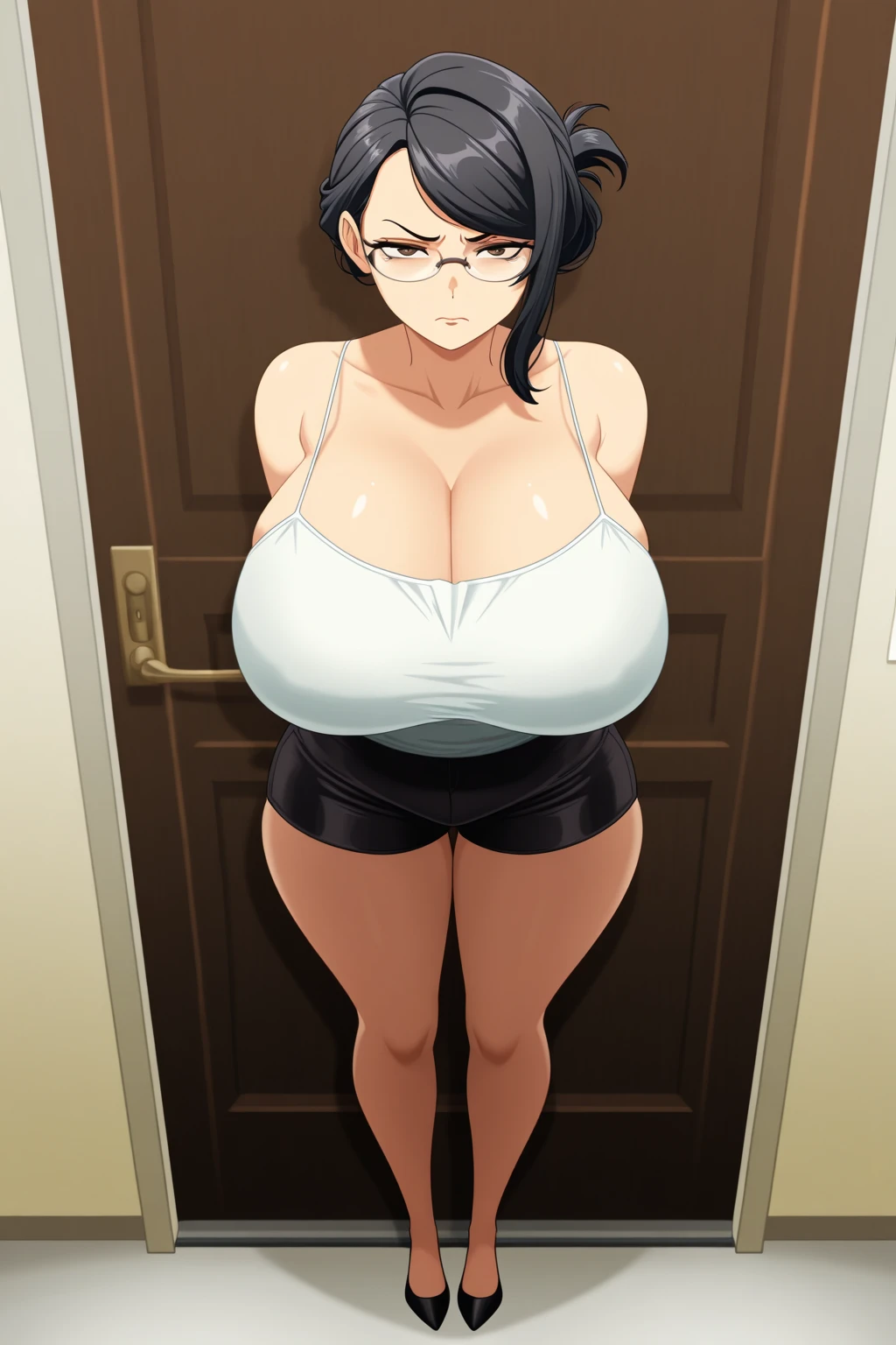20 year old woman, busty, bubble butt, hourglass figure, skinny, sexy pose, excited, aroused, smug, ????? expression, wearing sleeveless turtleneck sweater, high waisted pencil skirt, stockings, heeled boots, messy black hair, blushing, cleavage, office, secretary