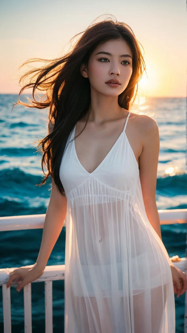 Create a high-quality, hyper-realistic portrait of a very beautiful Japanese idol. She is wearing a clean white summer dress and is squatting on the beach during sunset at sea. The deep indigo of the night sky contrasts with the last vestiges of crimson near the horizon, with swaying waves in the background. The girl has semi-long hair and a slender body with small breasts. The photo should capture her with detailed eyes, a detailed face, and a beautiful, sophisticated nose. The image should have a realistic, delicate, and finely detailed quality, suitable for a fashion magazine cover. Use cinema lighting and soft light to enhance her features. Ensure the photo is of the highest quality, with a resolution of 8K, making it perfect for a 2K wallpaper.