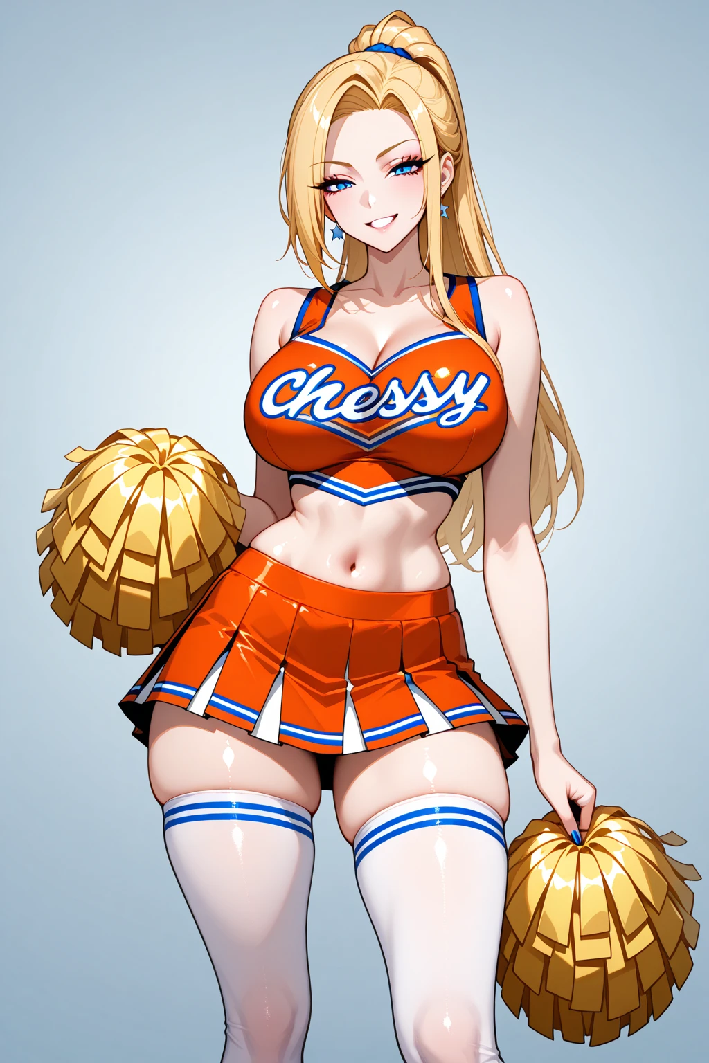 anime artwork, score_9, score_8_up, score_7_up, score_6_up, score_5_up, score_4_up, Mount Lady, blonde hair, purple eyes, big breasts, she is 24 years old, style_3, ,,, , , ,grey background , _, standing, cheerleader, skirt. underboob, u.a. cheerleader uniform, orange top and skirt