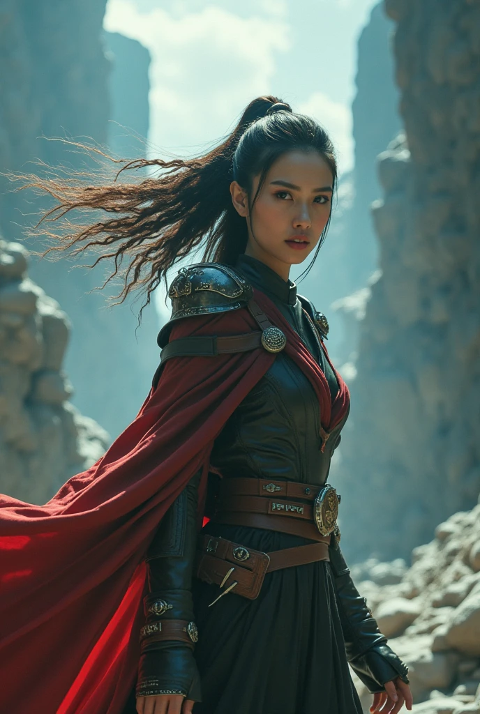 superhero, "modern" super hero costume, "ninja", with a Chinese sword, Beautiful Chinese woman, 20 years, Chinese woman with bangs, courageous character, Kind, Brave, on the battlefield, atmospheric perspective, Motion blur, 8k, super detailing, Best quality, uhd, high detail