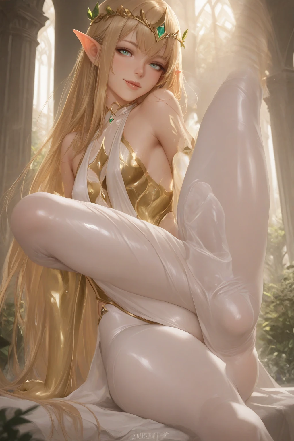 Highest image quality, RAW photo, high resolution, golden straight hair, shiny hair, no makeup, transparent white high-leg body suit, Rembrandt's world view, slender, cute, idol, big eyes, nsfw,(1 woman and 1 man, standing figure: 1.3) , a man hugs a woman from behind