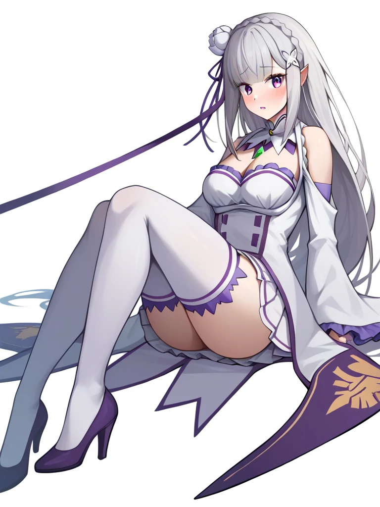 Emilia re:zero, purple eyes, Emilia, crown braid, x hair ornament, flower hair ornament, white hair, long hair, medium breasts, holding leg above head, anime girl with long hair and blue bunny suit, sexy, playboy bunny, pointing at something, seductive anime girl, azur lane style, blonde anime girl with long hair, from the azur lane videogame, anime waifu, anime goddess, cute anime waifu in a nice dress, marisa kirisame, (anime girl), attractive anime girl, pixiv 3dcg, characters from azur lane