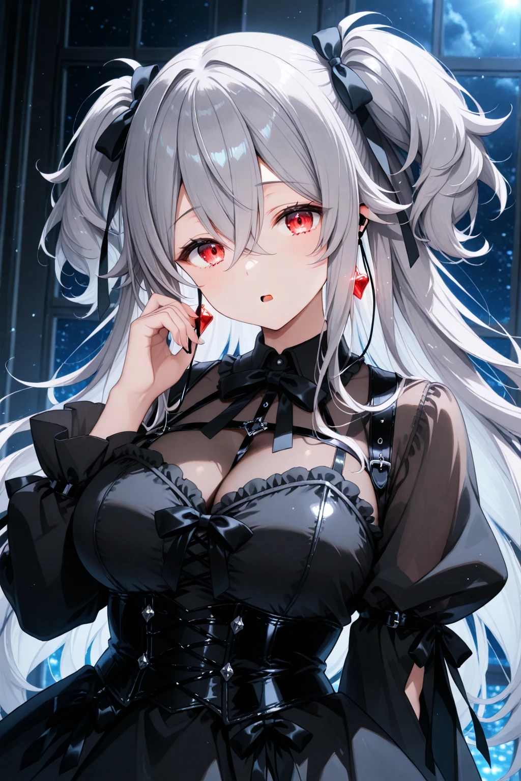 A girl, black vein, almost nude, looking at viewer, horny face, yandere, vampire, pake skin, white hair, evil smirk, red eyes, dark town, night, black rob, huge breast, cleavage