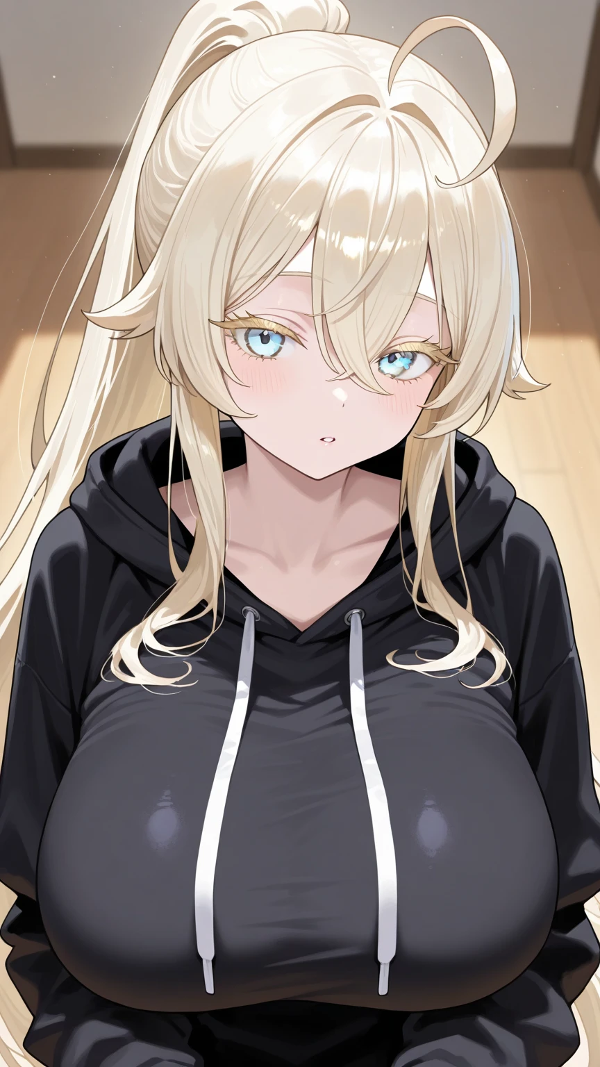 Kanna Ogata（Blue Archive）,Blonde long hair,Grey gap,Wolf Ears,One eye is covered by hair,Large Breasts,,Circle of angels overhead,Jagged teeth,Embarrassed,