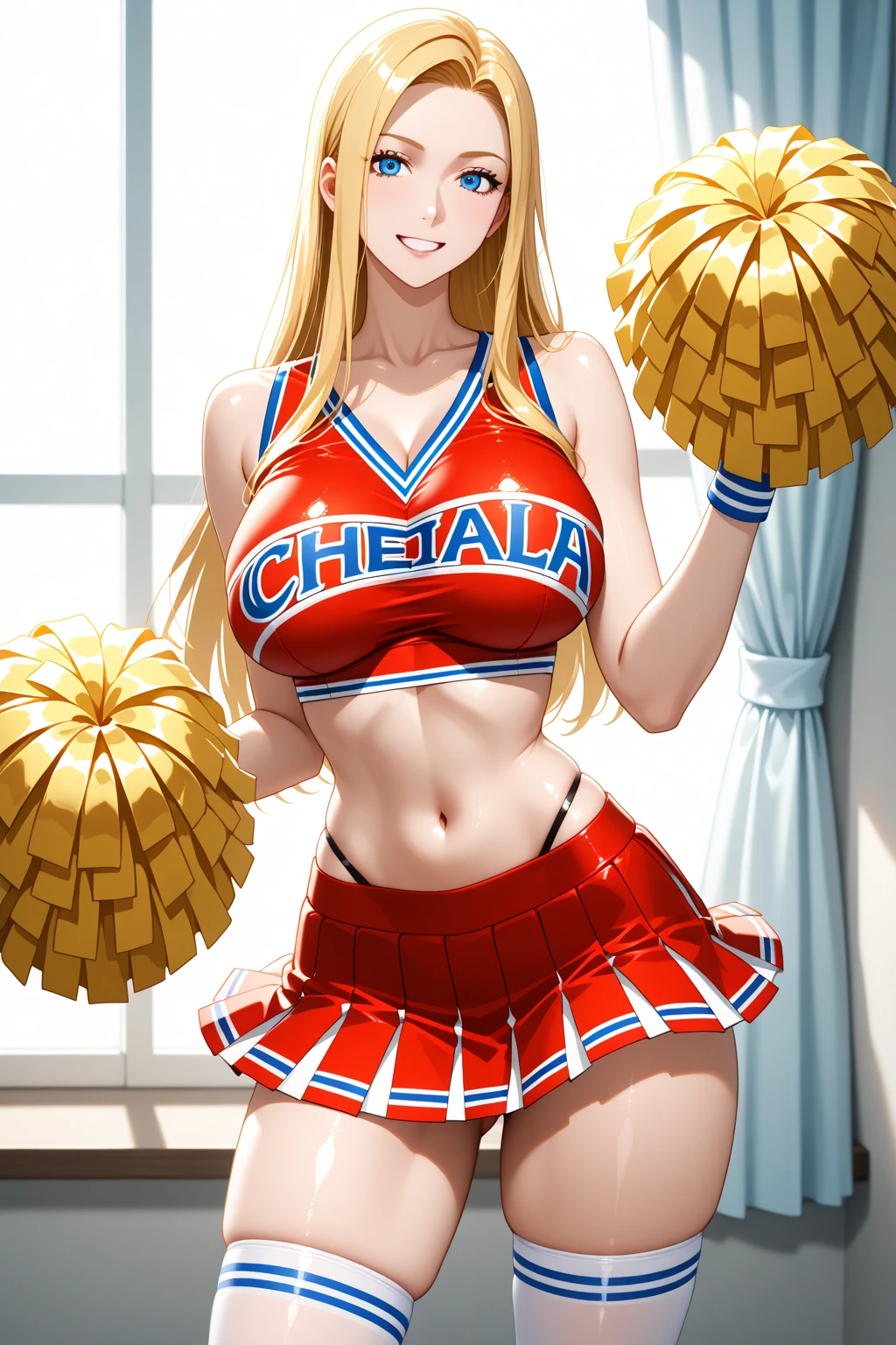anime artwork, score_9, score_8_up, score_7_up, score_6_up, score_5_up, score_4_up, Mount Lady, blonde hair, purple eyes, big breasts, she is 24 years old, style_3, ,,, , , ,grey background , _, standing, cheerleader, skirt. underboob, u.a. cheerleader uniform