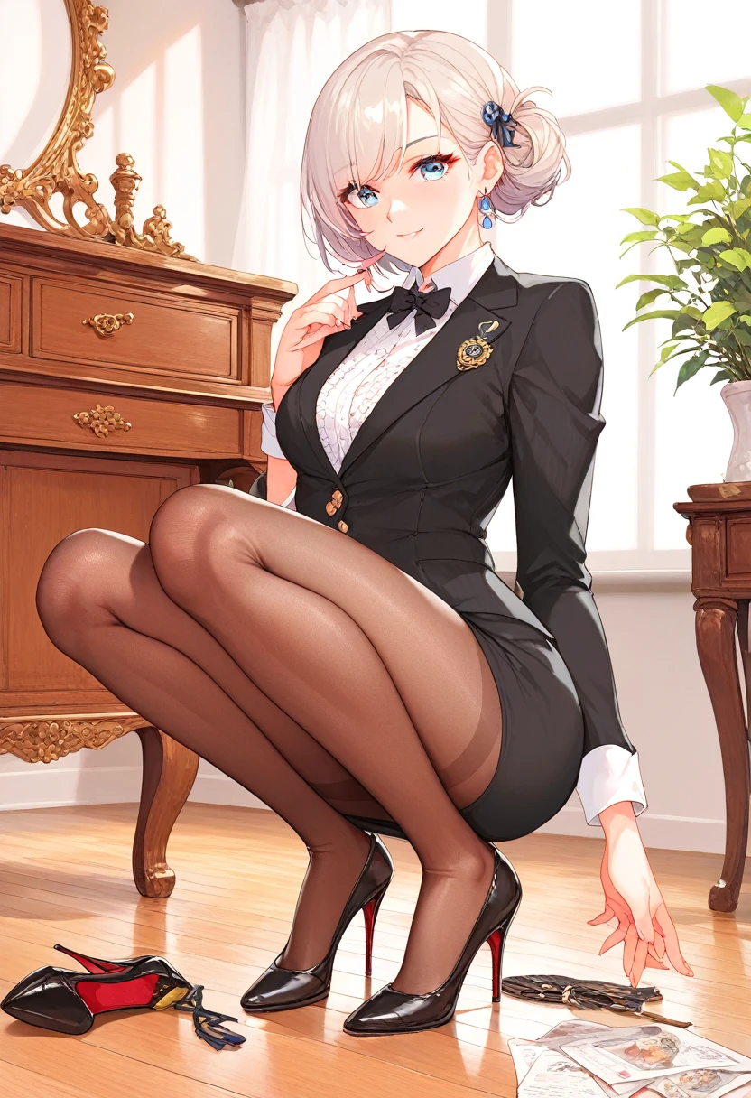 Gray Hair、Red Eye、Slanted Eyes、Short Hair、White Tuxedo、Black stockings exposed、Black high heels、girl1people、No anatomical contradictions、