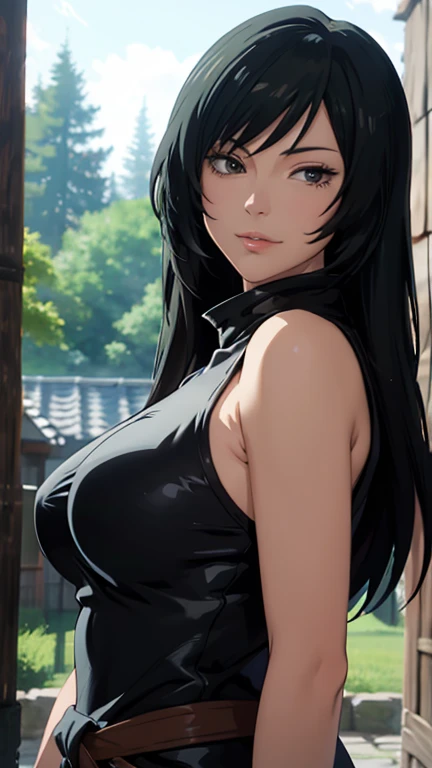 best quality, highres,uzumaki_kushina,Slender、small face、blue eyes、tall、In town、long hair、ponytail,(white short sleeve t-shirt:1.4 BREAK)、(black skirt:1.2)、(beautiful woman:1.2)、25 years old、Mature、midriff peek,(off-the-shoulder:1.9)、(I can see the cleavage:1.9),face on front , standing,cherry trees,full body shot,huge breast, cleavage,navel