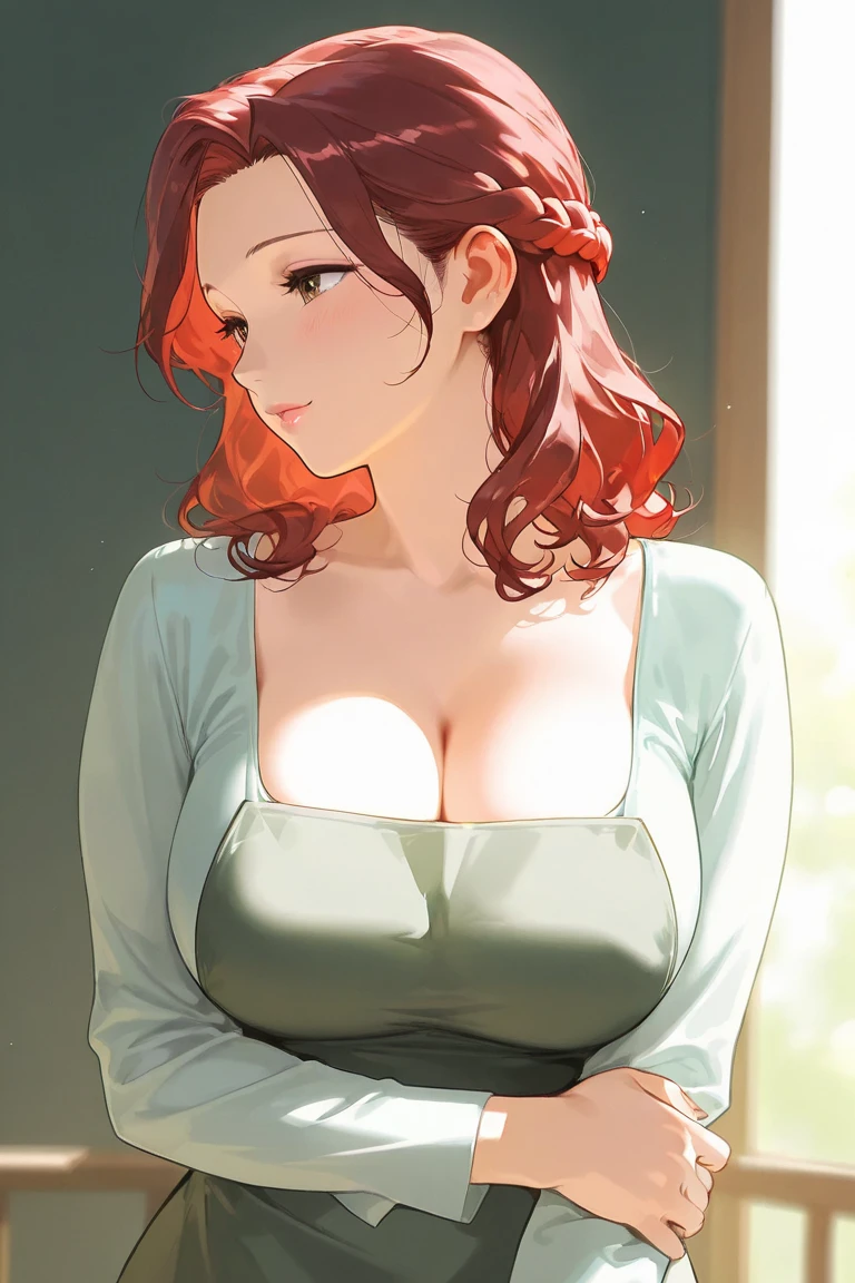 1girl, ginger, green eyes, Beautiful woman, Casual hairstyle, beautiful detailed eyes and face, expressive emotion, vivid colors,soft lighting,dramatic atmosphere, perfect slim and slender body, pertky , D-cup sized ???????, Attractive and ???? body type, looking up at viewer, wearing pink cardigan and blue jeans