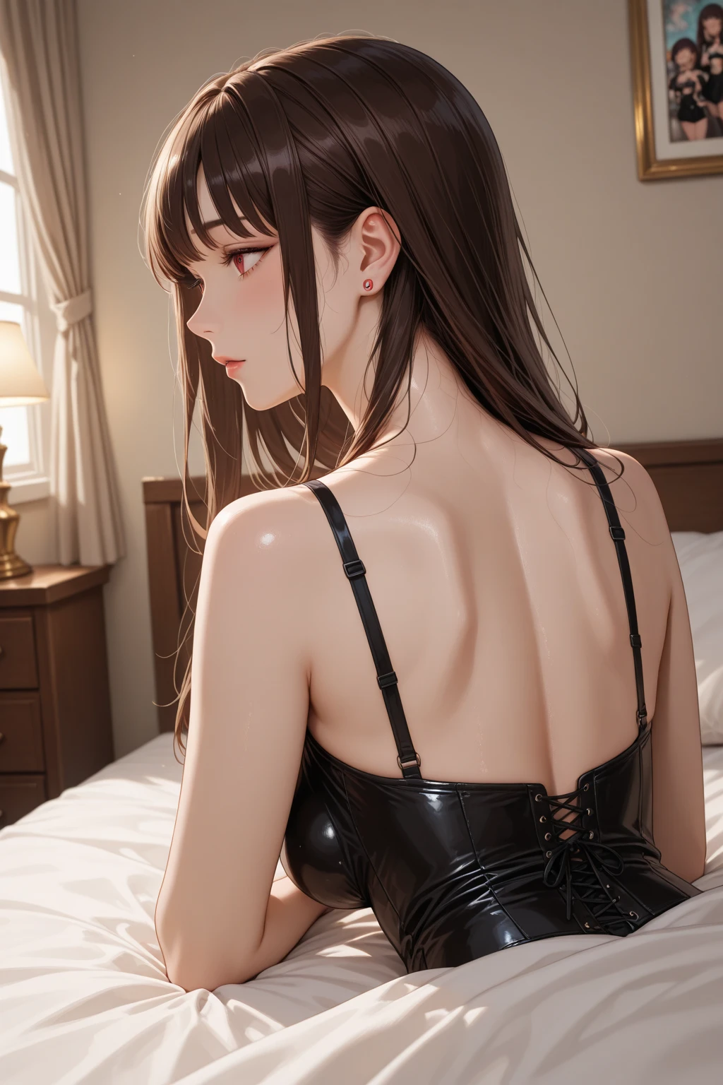 (depict girl in latex, long brown hair, straight hair), ((cute girly room)) , small breasts, greed, laying down, spreading legs, she wants sexe, ((latex leotard)), bound with golden jowels, (breasts point proudly forward), ((nice hipse)), (Masterpiece, Excellent, complex details), delicate girl, delicate face,